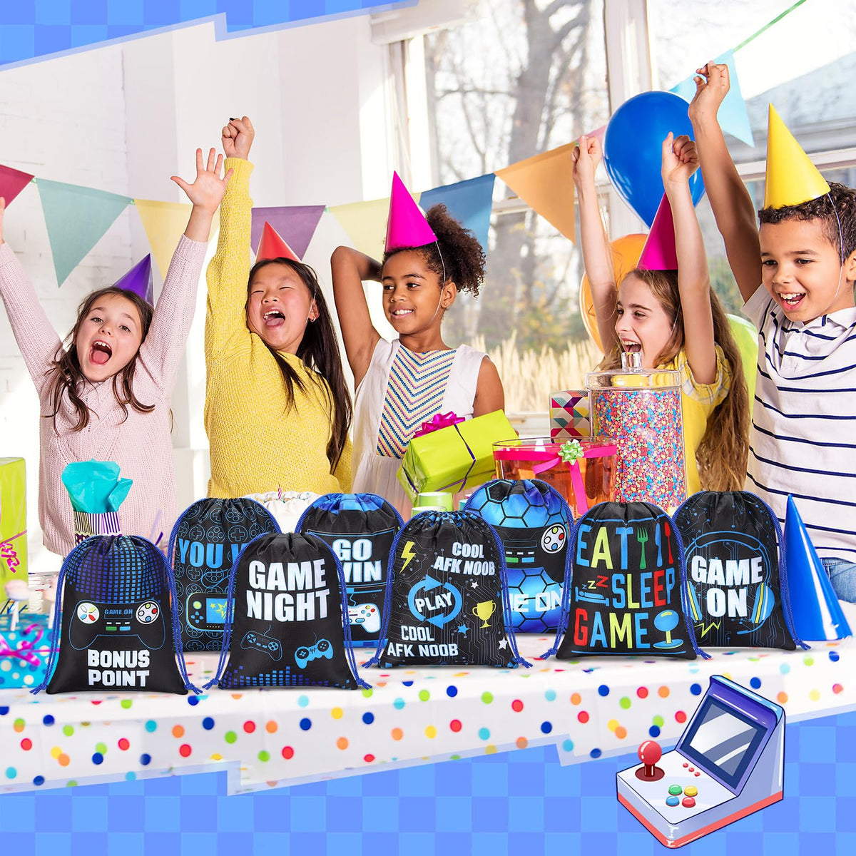 Faccito 16 Pieces Video Game Party Favors Bags 7 x 9.8 Inch Gaming Party Drawstring Bags Bulk Game Theme Goodie Candy Treat Gift for Boys Girls Birthday Supplies, 8 Styles(Blue)