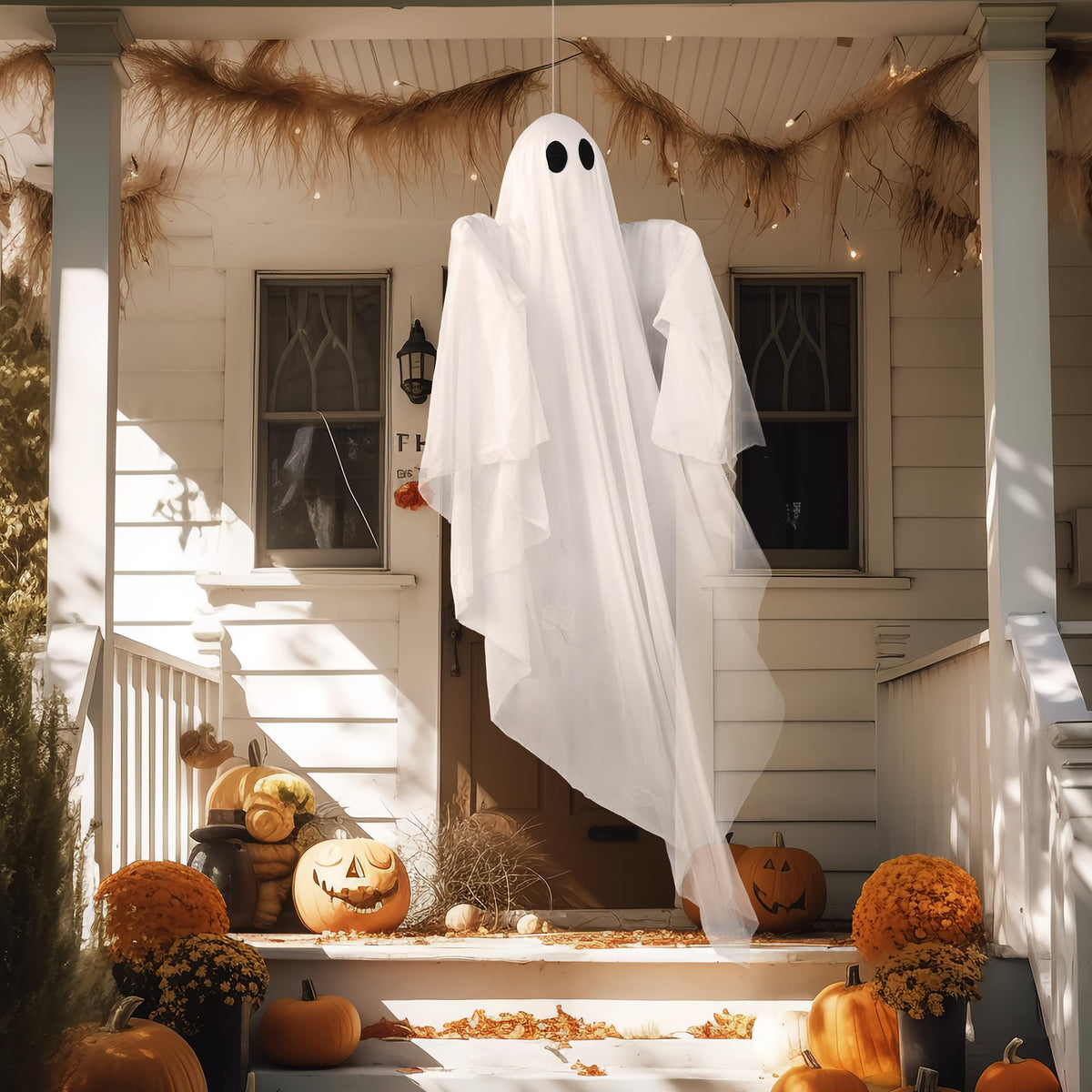 JOYIN Halloween Hanging Light up Ghost, 47” White Ghosts with Warm White LED Light and Timer Halloween Hanging Decoration Waterproof for Front Yard Patio Lawn Garden Party Decor Indoor Outdoor