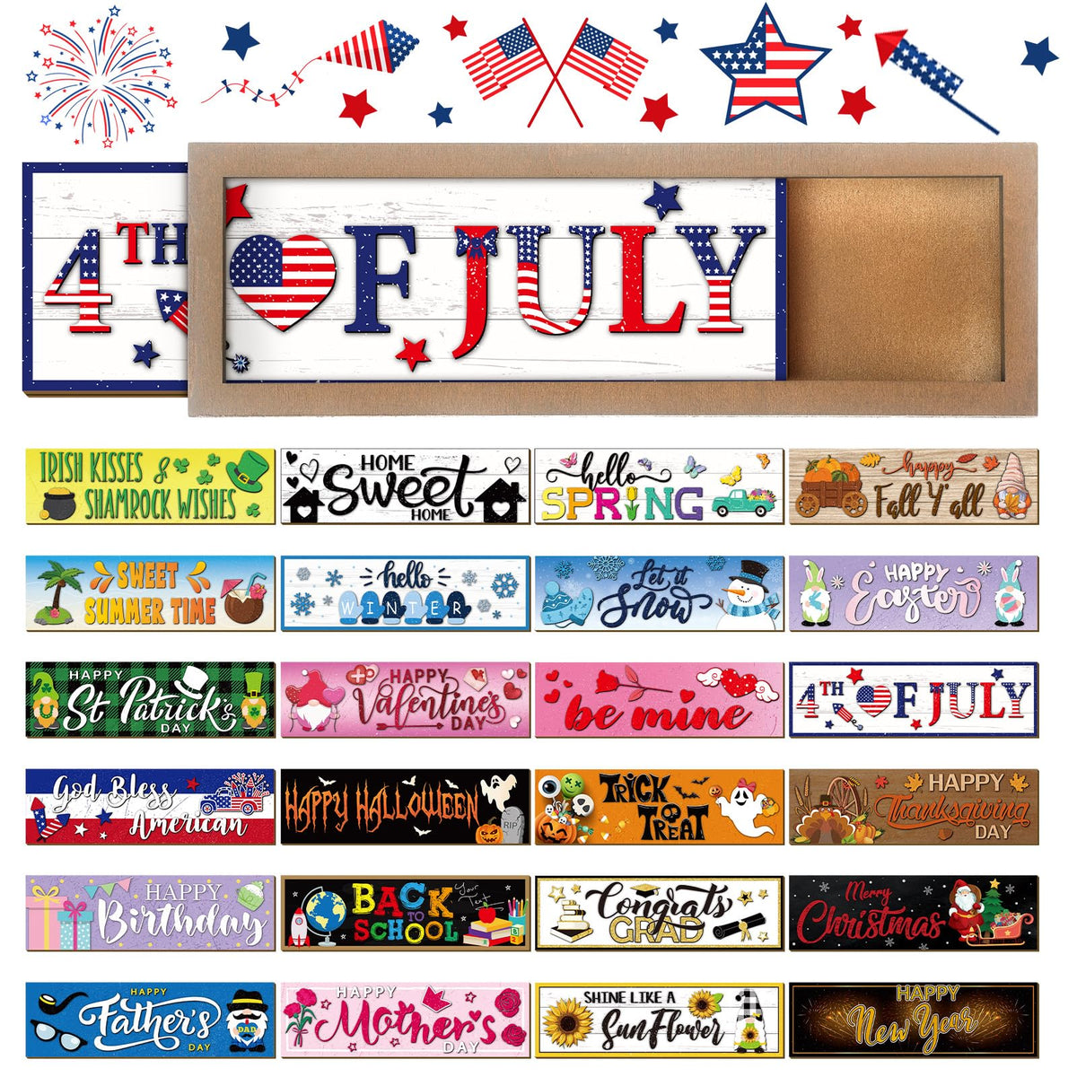 Barydat 25 Pcs 4th of july decorations Interchangeable Seasonal Decor with a Wood Frame Seasonal Wooden Welcome Sign Holiday Table Decor for Independence Day Halloween Christmas Decoration