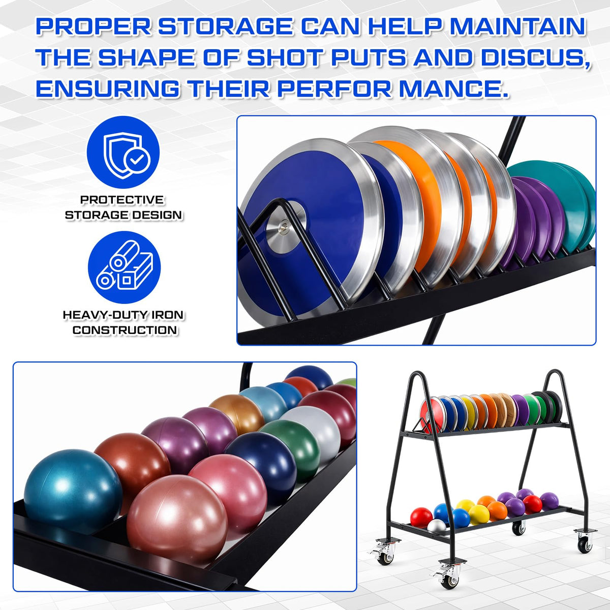Silipull Mobile Shot Put Discus Storage Rack Cart Heavy Duty Athletic Throwing Equipment Trolley with 4 Wheels, Holds 15 Discus & 20 Shot Put for Gym, School PE and Track & Field Gear Organizer