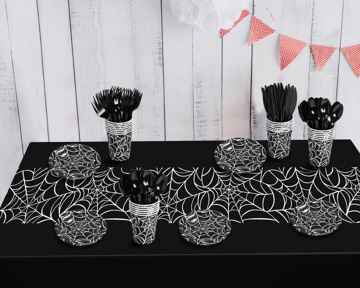 Oudain 162 Pcs Spiderweb Birthday Party Decoration Black White Spider Web Rectangular Tablecloth Disposable Plates Napkins Cups Forks Spoons Knifes Tableware Set for Theme Party Supplies