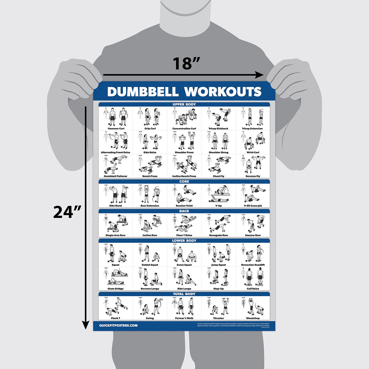 Palace Learning 3 Pack, Dumbbell Exercise Poster + Kettlebell Workouts + Resistance Bands Exercises - Set of 3 Workout Charts (LAMINATED, 18" x 24")