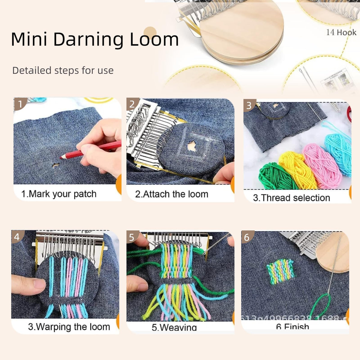 Knit kit Patch Loom, Mushroom Knit Kit Patch with 14 Hooks 16 PCS Large Eye Needles 100 Color Threads for Handcraft DIY Weaving Repair Tool Darning Kit for Beginners Mending Jeans Socks