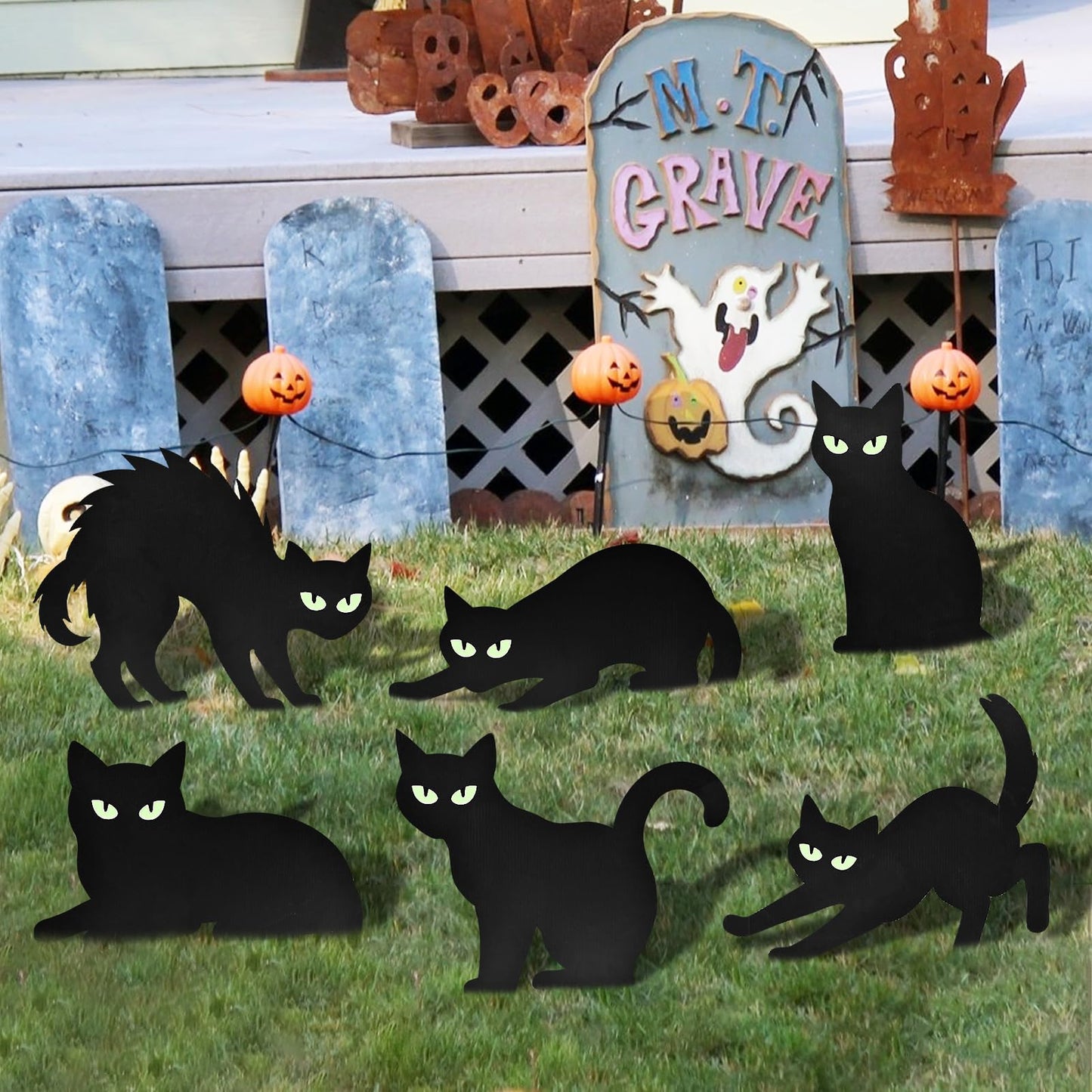 6 Pack Halloween Black Cat Yard Signs with Glowing Eye Stickers – Large Scary Cat Silhouette Decorations for Outdoor Lawn, Fence, Garden, Haunted House, Halloween Party Decor