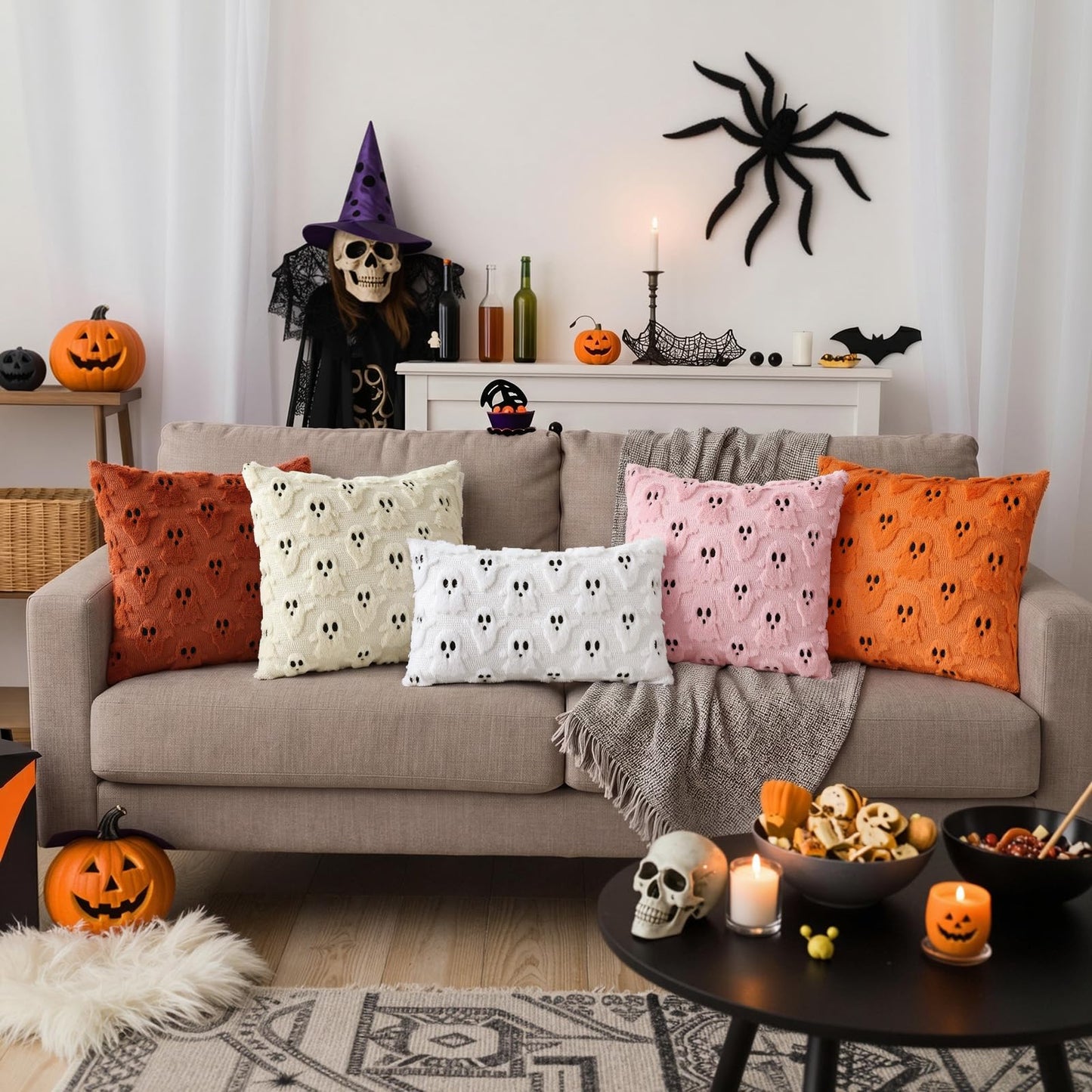 decorUhome Fall Halloween Ghost Pillow Covers 18x18 Inch Pack of 2 Soft Plush Faux Wool Textured Throw Pillow Covers Cute 3D Ghost Decorative Cushion Cases for Couch Sofa Bedroom Home Decor, Rust