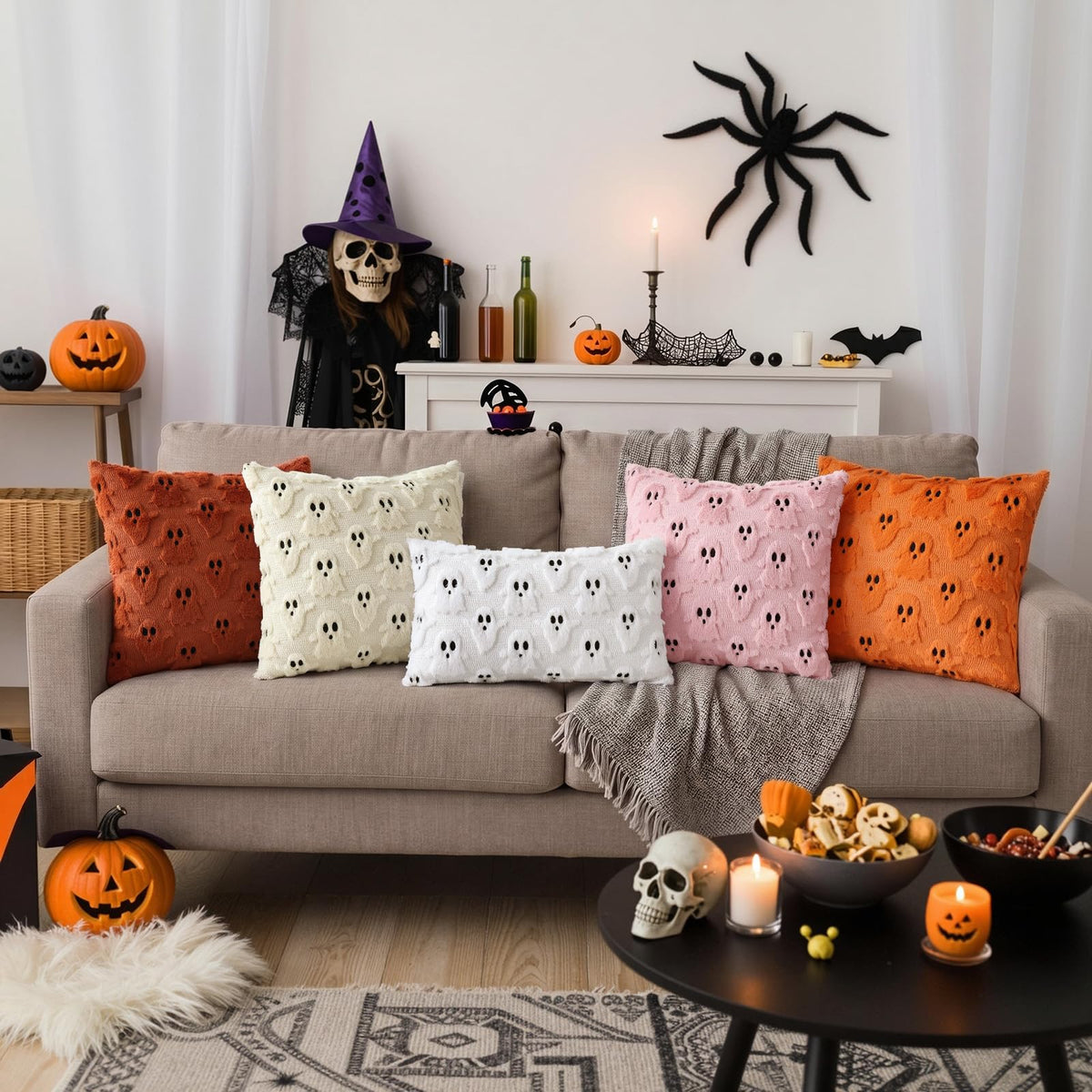 decorUhome Fall Halloween Ghost Pillow Covers 18x18 Inch Pack of 2 Soft Plush Faux Wool Textured Throw Pillow Covers Cute 3D Ghost Decorative Cushion Cases for Couch Sofa Bedroom Home Decor, Beige
