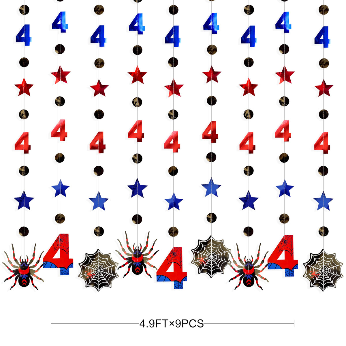42Ft Spider 4th Birthday Party Decorations Red Blue Stars and Black Spider Web Garland Streamer for Kids Boys 4th Cartoon Spiders Birthday Super Heros Baby Shower Cartoon Bday Party Decor Supplies