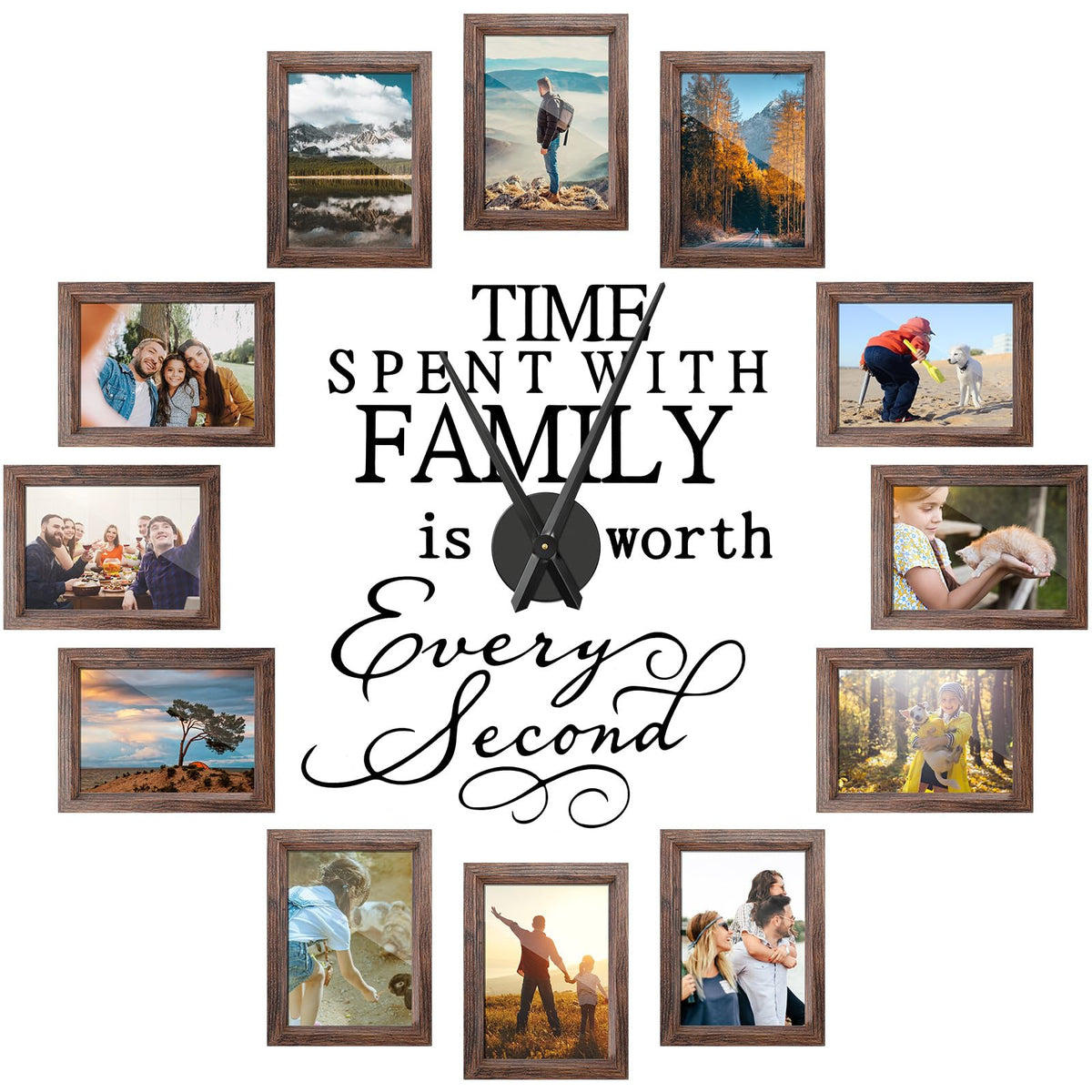 Briwooody Family Photo Clock Frame Wall Decor for Living Room, Family Picture Frame Clock Quote Art Wall Stickers Kit, Housewarming Gifts, Room Decor(5 x 7 Inch,Brown)