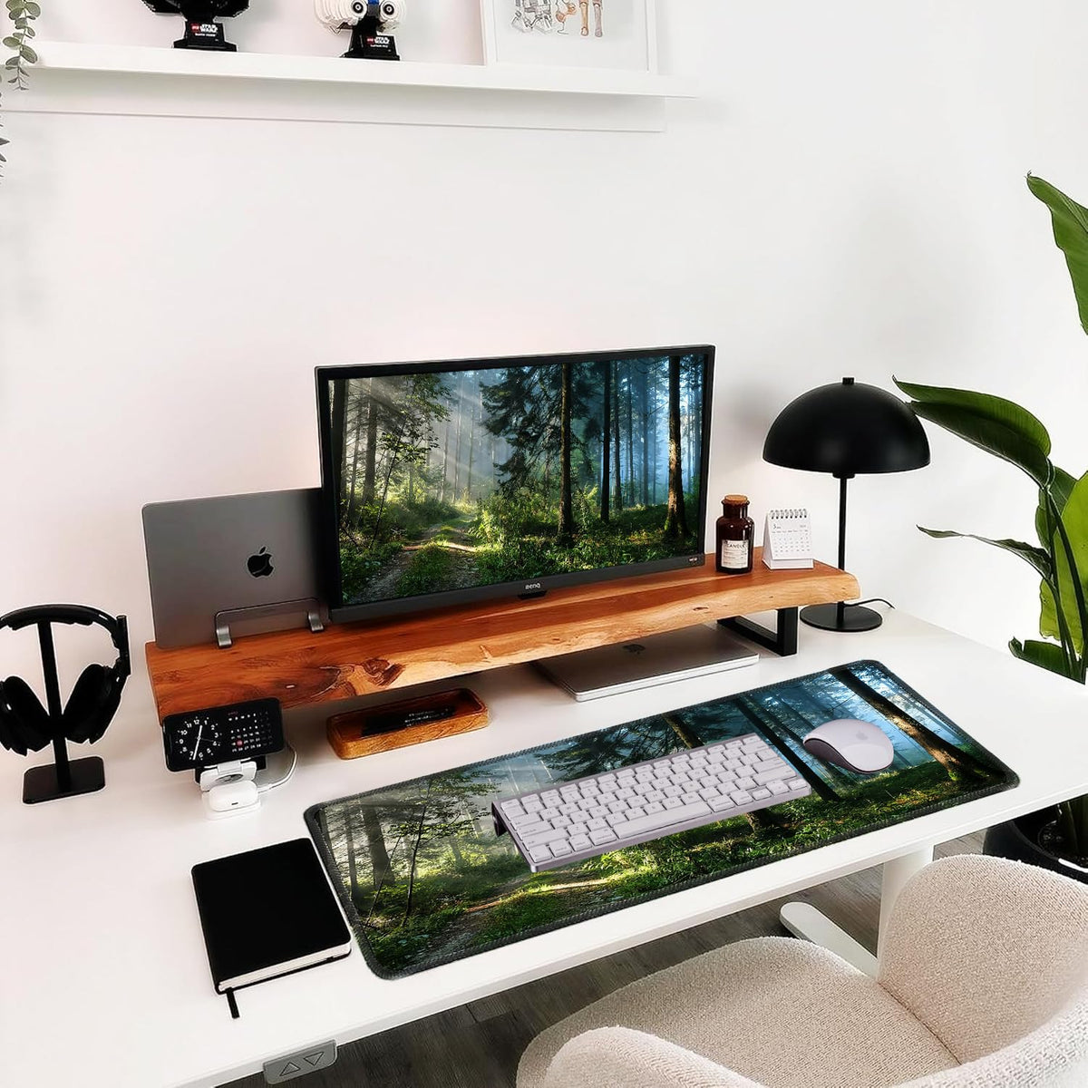 Gudnis Morning Mist Forest Mouse pad, Micro-Woven Fabric Desk pad,Large Green Tree Natural Scenery Desk mat with Sewn Edges, Anti-Slip Rubber Base, Suitable for Office laptops, Size 31.5×11.8 in
