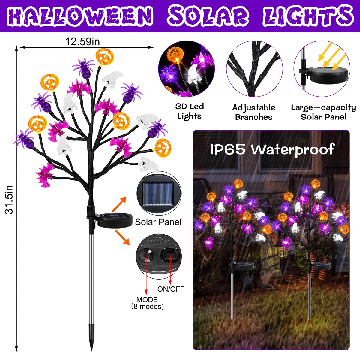 Halloween Decorations Outdoor Solar Lights, 2 Pack Halloween Lights Outdoor Solar Lights Waterproof with 20 LED Ghosts Bats Spiders Pumpkin Light, 8 Modes Solar Pathway Lights for Halloween's Decor
