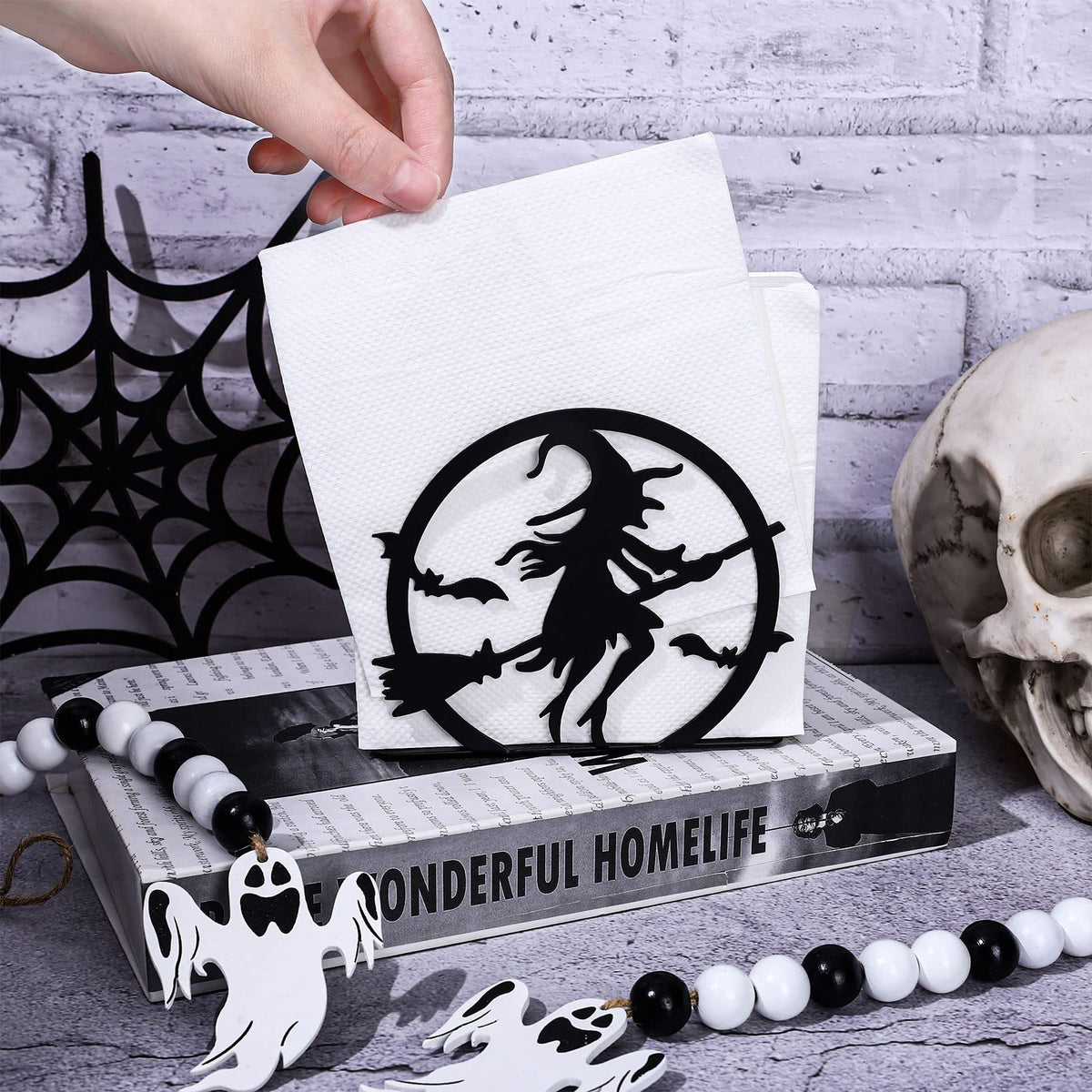 Whaline Halloween Napkin Holder Matte Black Metal Hocus Pocus Design Freestanding Tissue Dispenser Vertical Tabletop Napkin Holder for Square Paper Napkin Dinner Home Kitchen Restaurant Picnic Party
