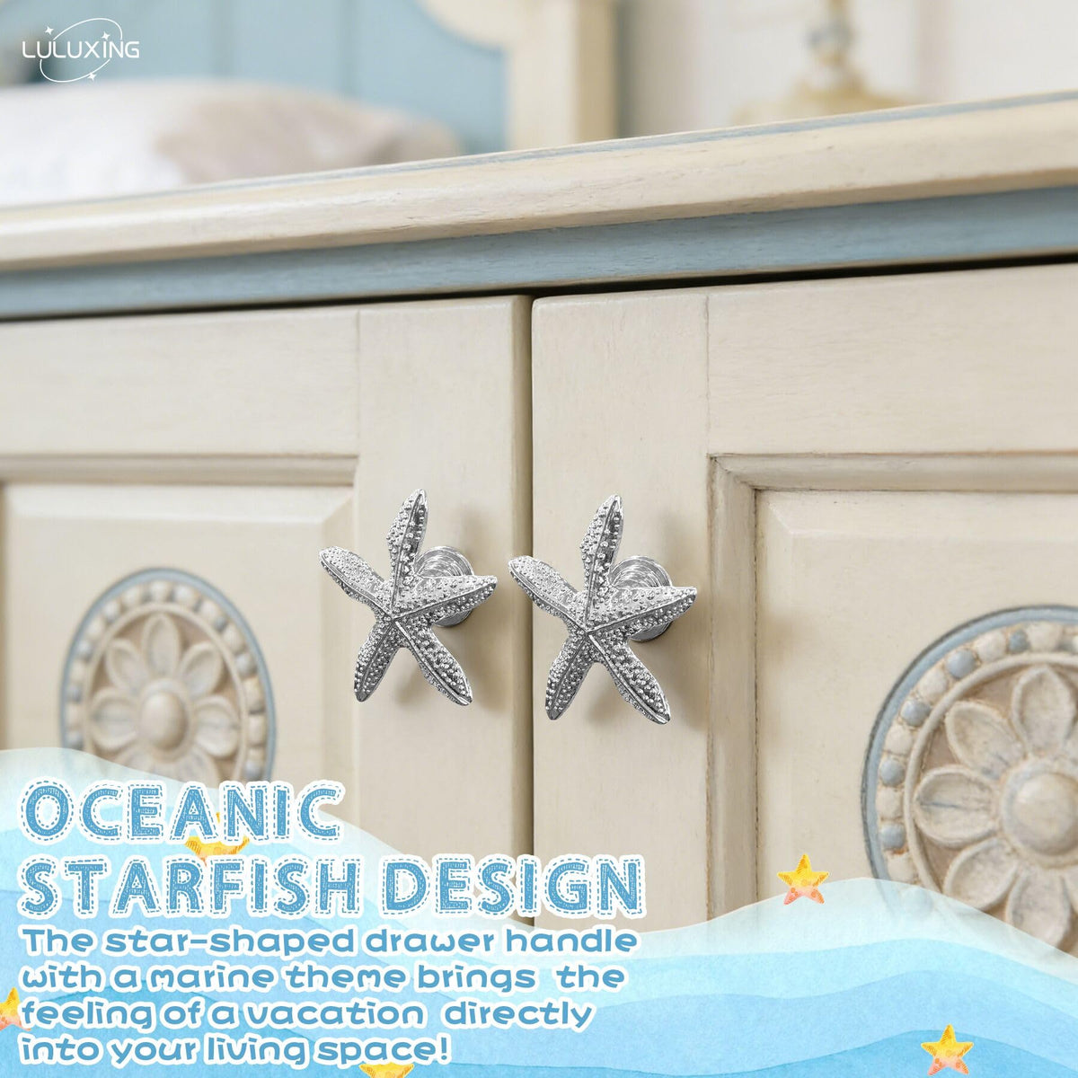 luluxing 6pcs Starfish Dresser Knobs Starfish Furniture Pull Knobs Silver Beach Ocean Theme Handles for Bathroom Kitchen Cupboard Wardrobe Decoration