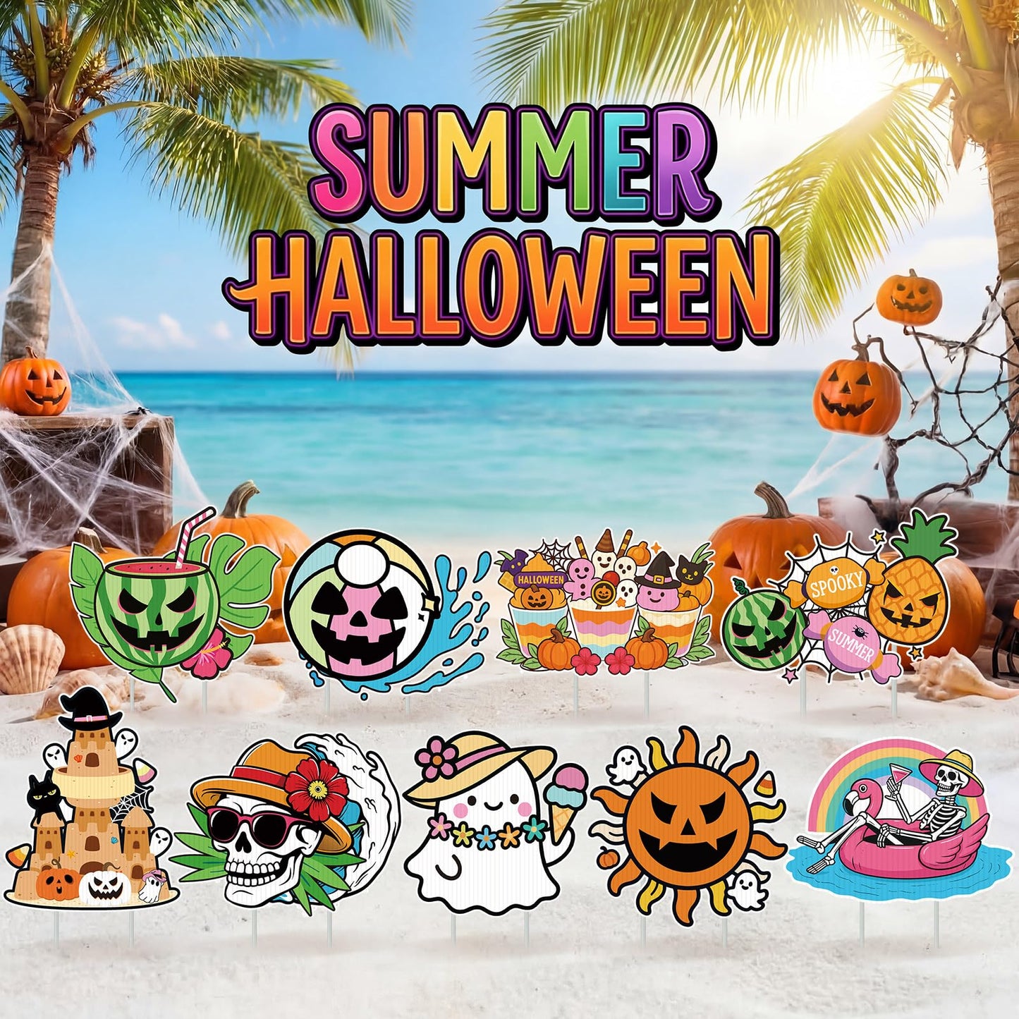 SiliFine 9 Pcs Summer Halloween Yard Decor Signs with Stakes Outdoor Plastic Lawn Decorations, Skeleton Ghost Pumpkin Beach Sand Themed for Summer Halloween Party Garden Decorations
