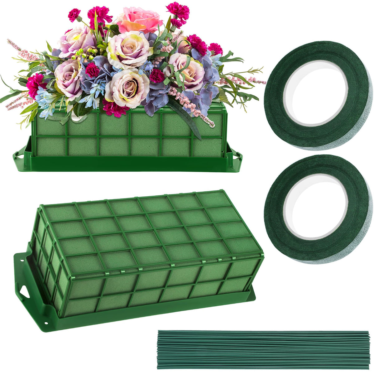 Aodaer 2 Pieces Floral Foam Cage with Floral Foam for Fresh and Artificial Flowers Rectangle Dry and Wet Flower Cage Bowl Holder for Wedding, Home and Garden Arrangement Decorations