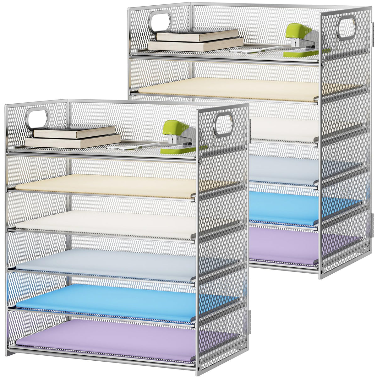Marbrasse 2 Pack Desk Organizer with Handle, 6 Tier Paper Letter Tray, Mesh Desk File Organizer for Office, School and Home - Silver