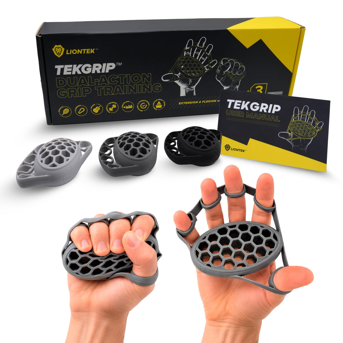 LIONTEK TEKGRIP Hand Grip Strengthener & Finger Exerciser, Dual-Action Grip and Extension Trainer with 3 Progressive Resistance Levels (TEKGRIP 3 Piece Set)