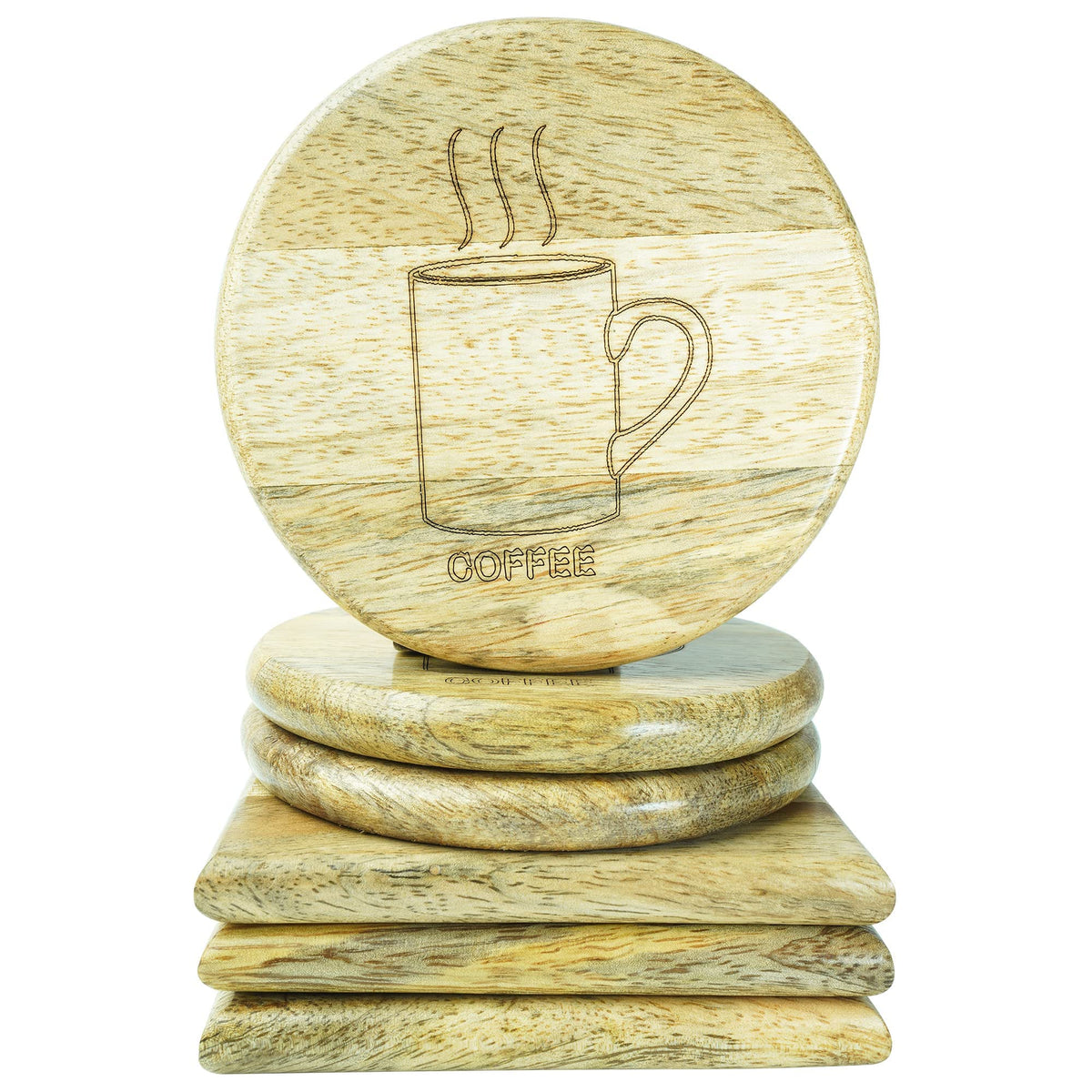 Wooden Coaster for Coffee Cups Glass & Can Table Decor | Wooden Coaster Set of 6 | 3 Round Coffee & 3 Square Tea Style Coaster Set | Handmade Design for Mug & Cup