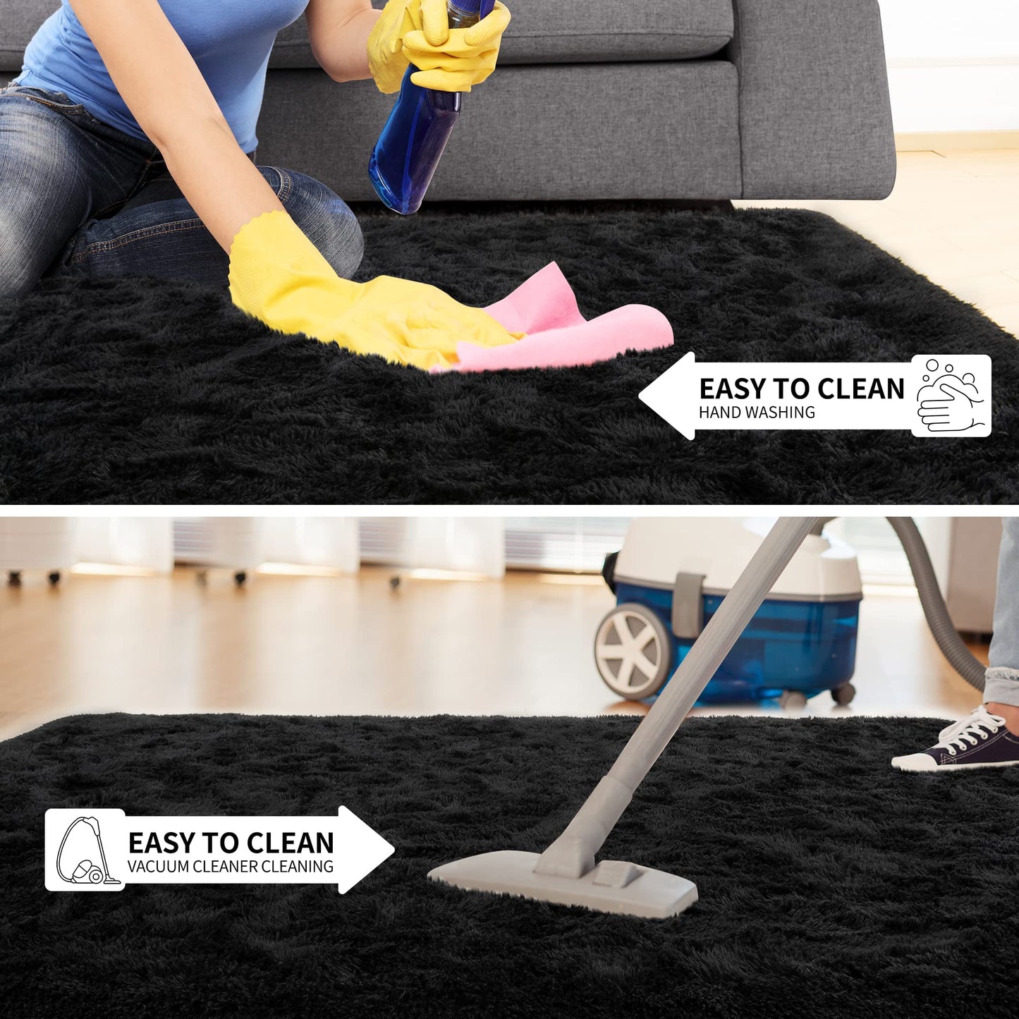 Tepook Super Soft Fluffy Rug for Bedroom, Modern Shaggy Fuzzy Kids Rugs for Living Room, Plush Indoor Nursery Home Decor Dorm Carpet with Non-Slip Bottom, Black, 4 X 6 Feet
