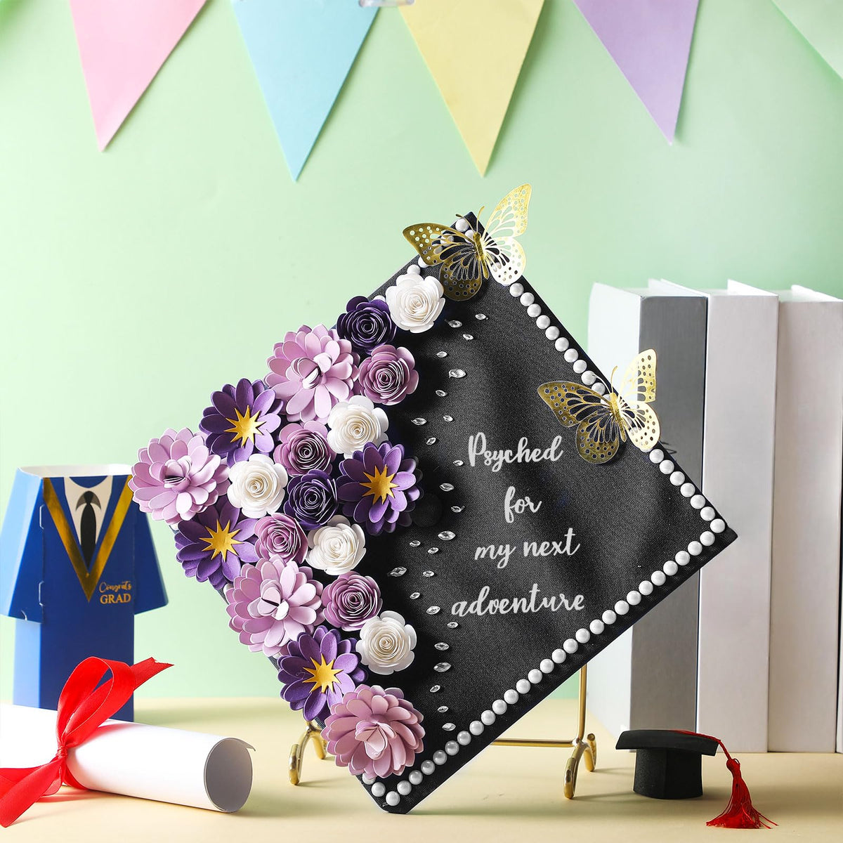 MotiMind 39 Pcs Graduation Cap Decorations Kit Including 25 Rose Heads Paper Flowers 12 3D Gold Butterfly Stickers 1 Self Adhesive Pearl 1 Rhinestones Stickers for DIY Graduation Cap(Purple)