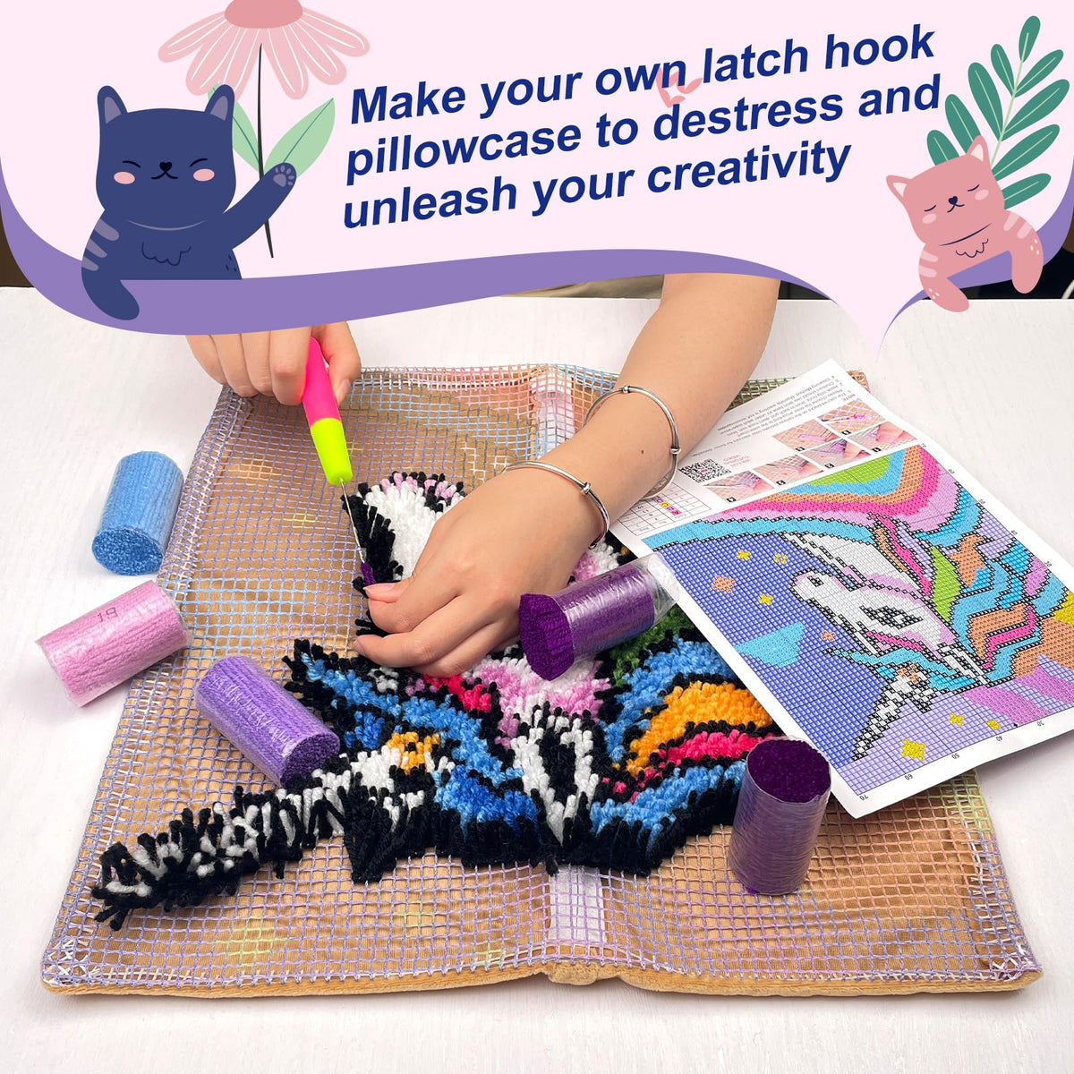 veirousa Blue Butterfly Latch Hook Kit for Adults Beginners, Pre-Printed Latch Hook Rug Kit, DIY Carpet Making Set for Home Wall Hanging Art Decoration 20x15 Inch