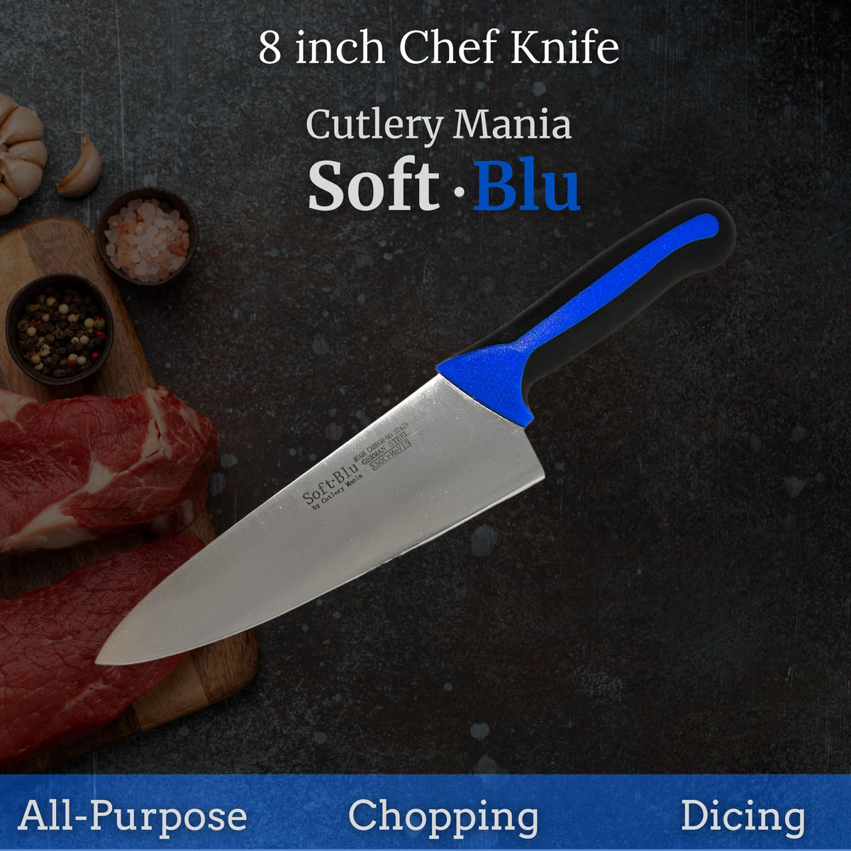 Cutlery Mania SoftBlu Professional Kitchen Knifes, X50CrMoV15 German Stainless Steel, Non-Slip Soft Grip Handle (Chef, 8")