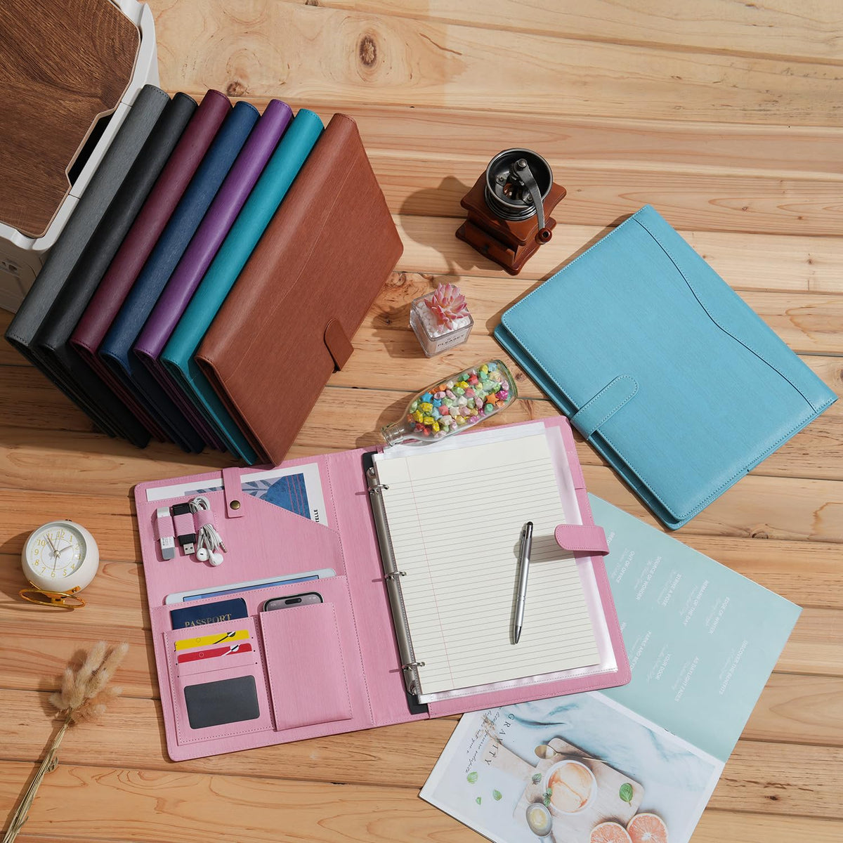 Wonderpool A4 PU Leather Portfolio Holder Ring File Document Case with Removable Binder Clipboard, Multi Pocket and Legal Pad for Business Organizer Interview and Meeting (Light Blue)