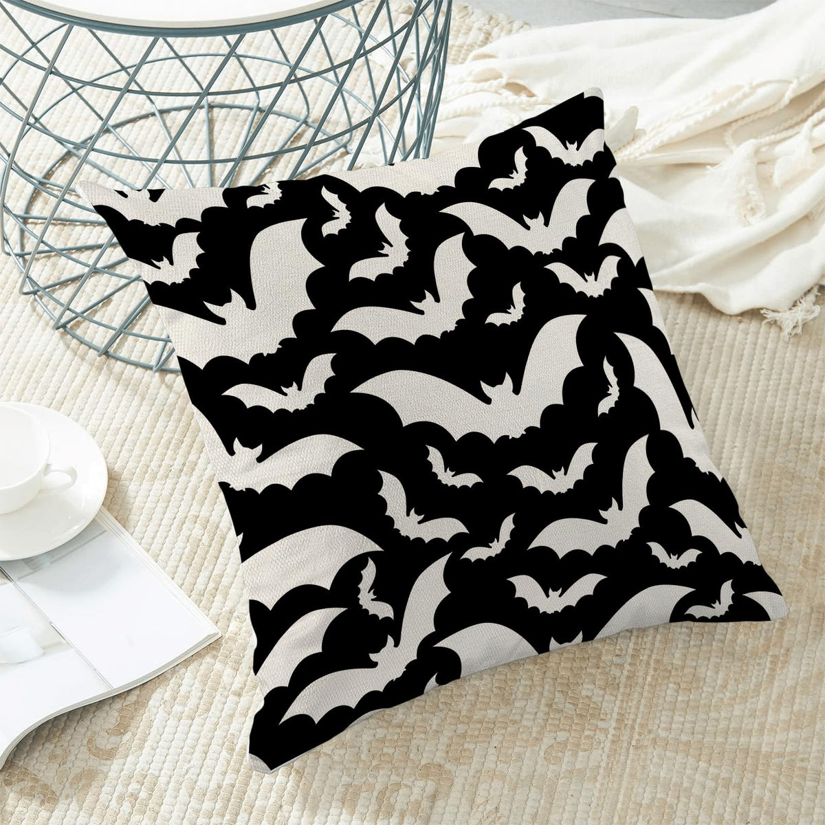 AEIOAE Halloween Pillow Covers 18x18 Inch Set of 2,Black and Cream Bats Throw Pillows Case,Halloween Outdoor Decorative Linen Farmhouse Decor Cushion Covers for Home Sofa Bed Couch