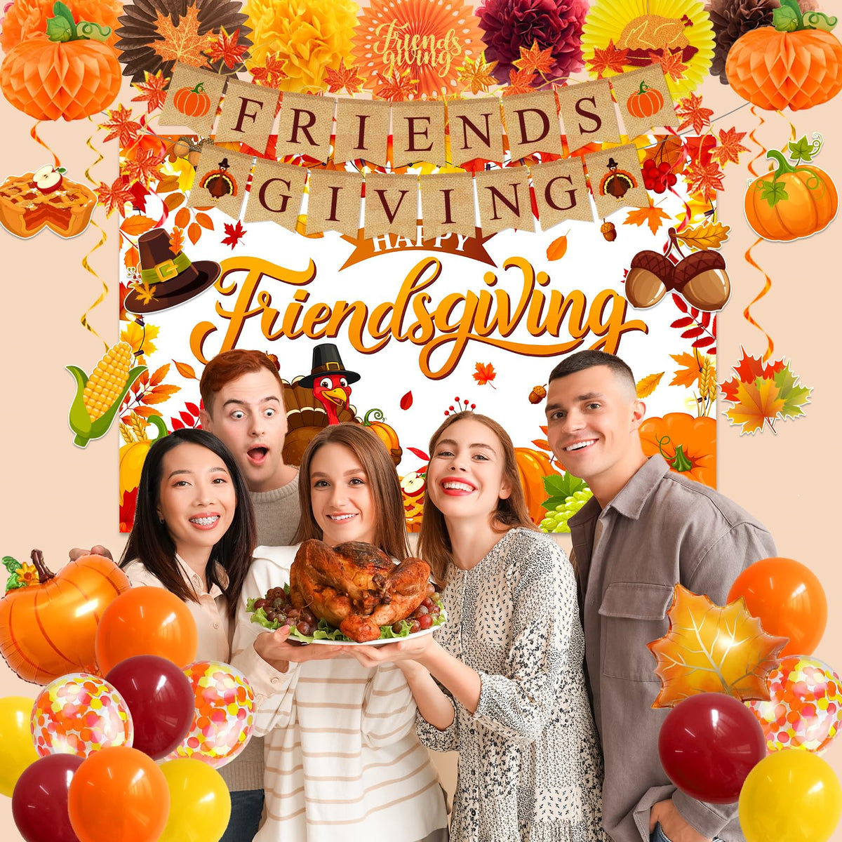 Friendsgiving Decorations - Autumn Thanksgiving Party Supplies Include Happy Friendgiving Backdrop,Honeycomb Centerpiece,Pom Poms and Pumpkin Balloons