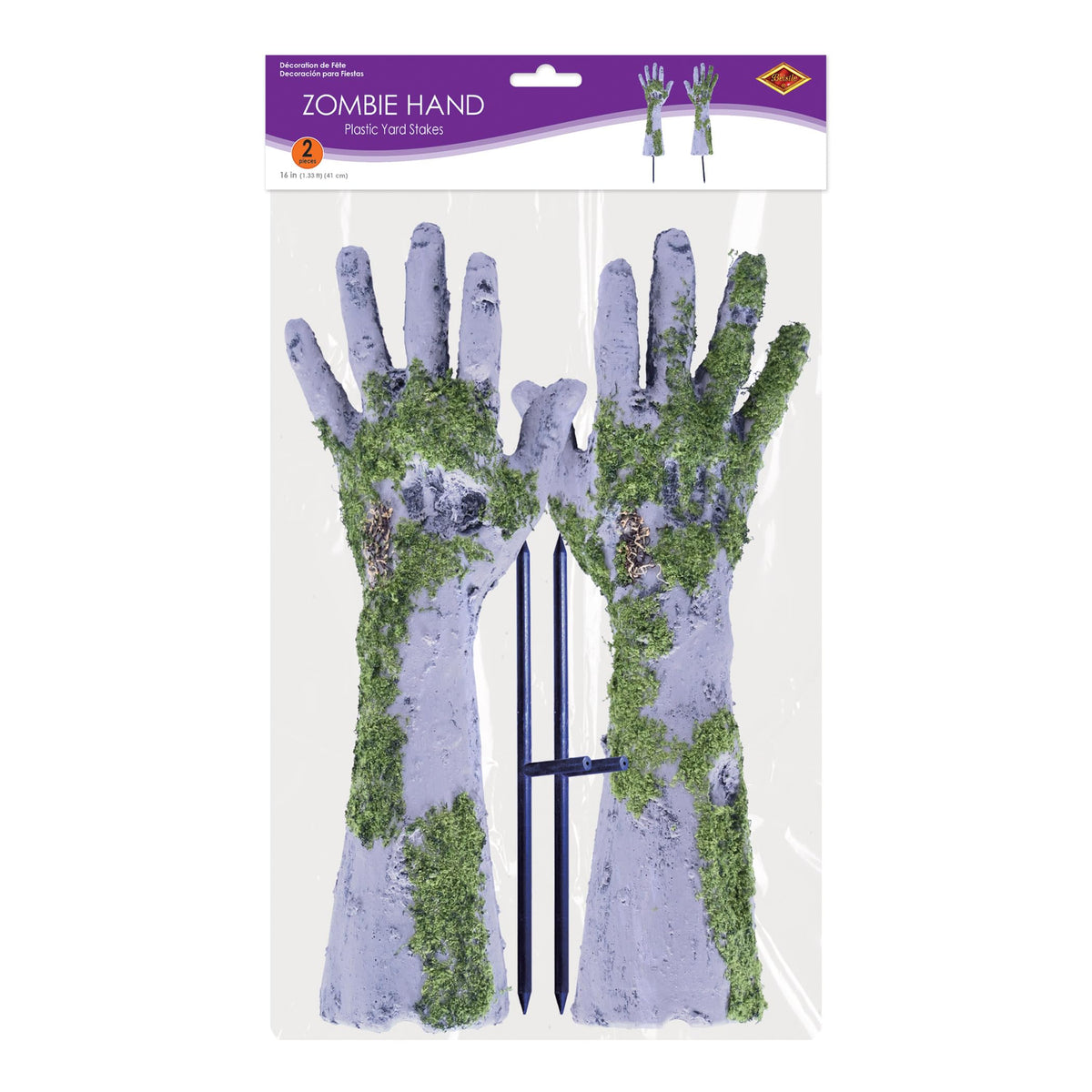 Beistle Plastic Zombie Hand Yard Stakes – Halloween Outdoor Lawn Decorations, Creepy Graveyard Hands with Moss, Scary Undead Props for Haunted House Pathway, Garden or Tombstone Scene Décor, 16”