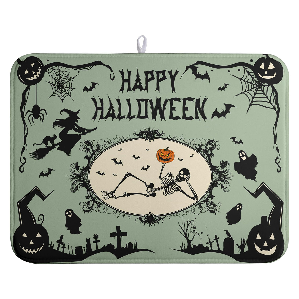 Wnoesat Happy Halloween Dish Drying Mat for Kitchen Counter 18x24 Skull Pumpkin Witch Spider Web Bat Ghost Drying Mats Green Black Absorbent Microfiber Dish Drainer Rack Pad for Coffee Bar
