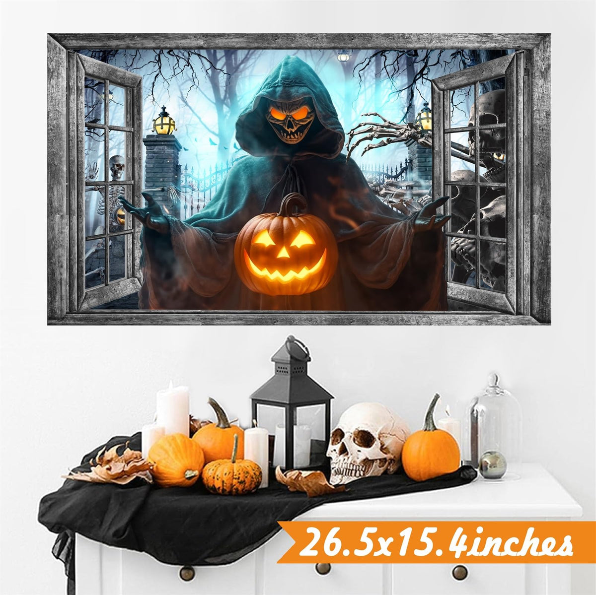Halloween Wall Decor Halloween Decals 3D Fake Window Wall Decal Peel and Stick Grim Reaper Pumpkins Skeleton Wall Art Murals Halloweens Decoration for Living Room Bedroom Haunted House Party Supplies