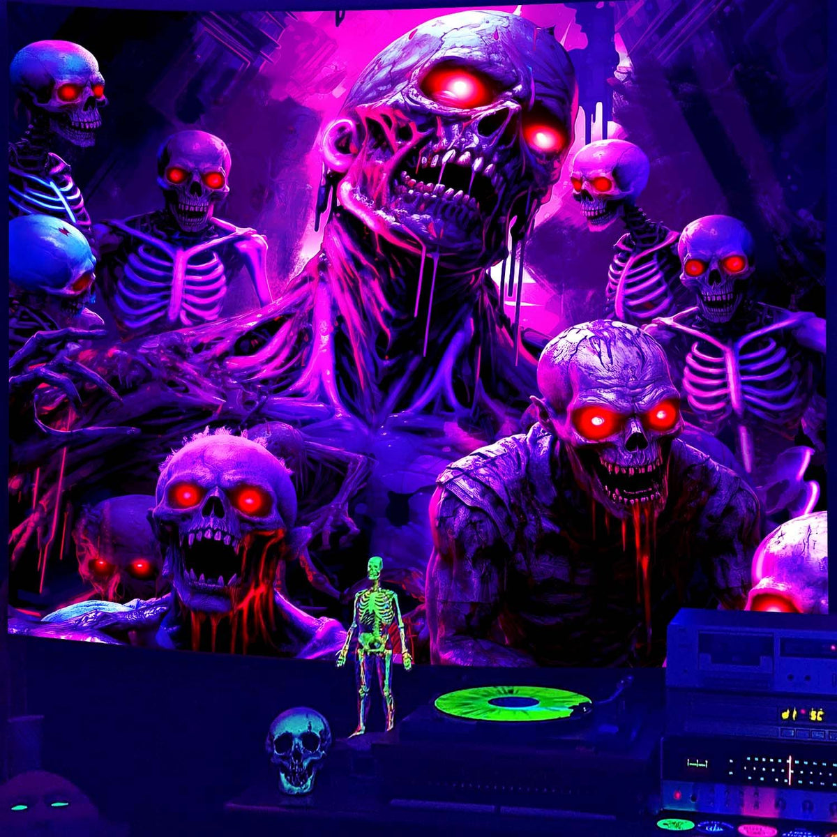 puuiui Halloween Blacklight Tapestry Skull Wall Goth Skeleton Hanging Horror Uv Black Light Tapestries for Bedroom Living Room Men dorm Wall Party Decor, 39.4Wx31.5L