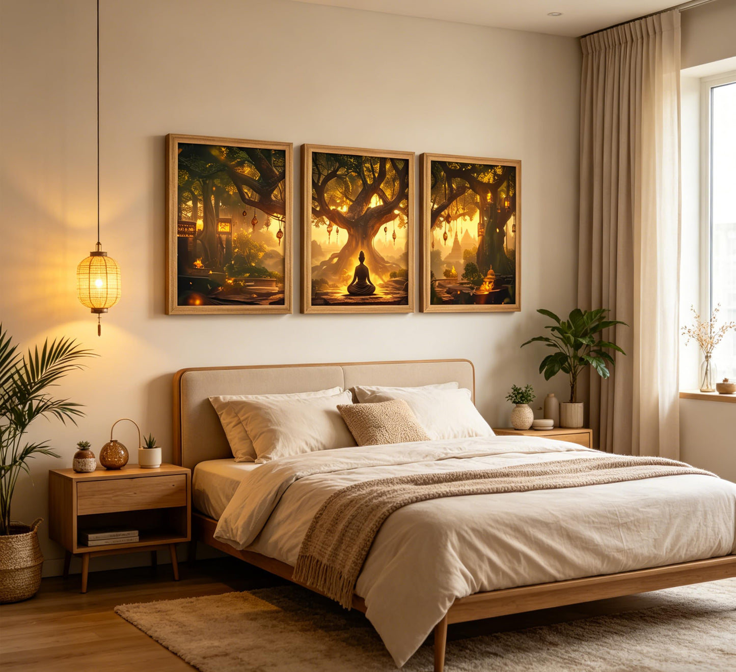 3Pcs Framed Buddha Under Bodhi Tree Canvas Wall Art，Zen Spiritual Wall Decor, Mystical Forest Lantern Poster for Living Room Bedroom Office