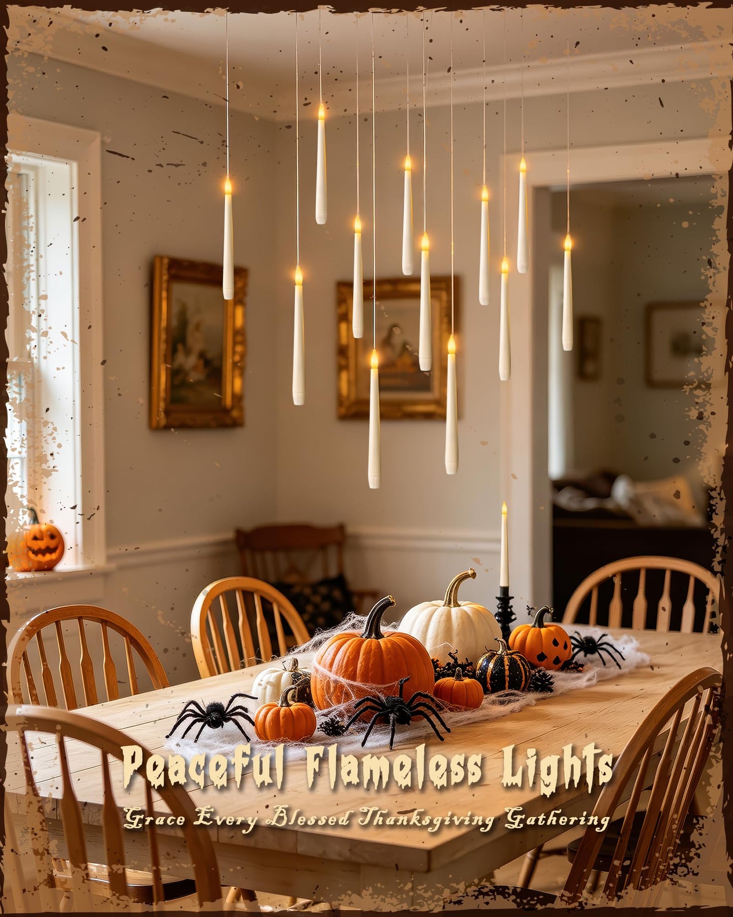 Meigic 20PCS Floating Candles with Wand Remote, Flameless Hanging Taper Candles with Flickering Warm Light, Battery Operated Magic Candles for Halloween Indoor Ceiling Decor, Hallway, Bedroom, Party