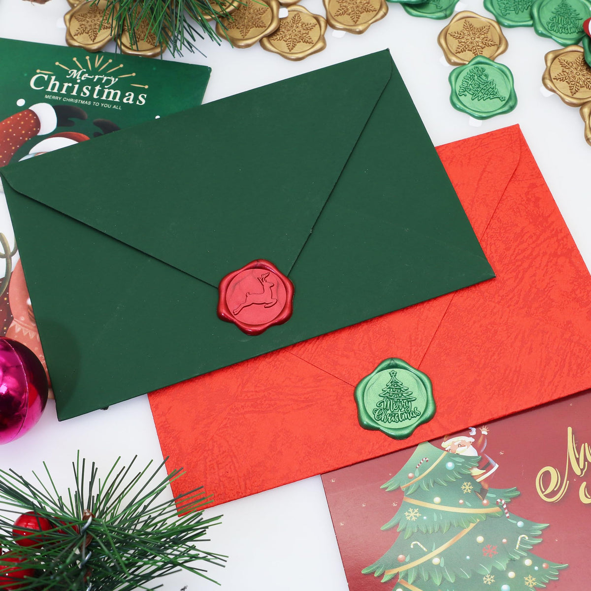 SWANGSA Christmas Seal Wax Seal Stickers, 60Pcs Antique Gold Wine Red Green Self- Adhesive Envelope Seal Stickers for Christmas, Party Invitation, Gift Wrapping