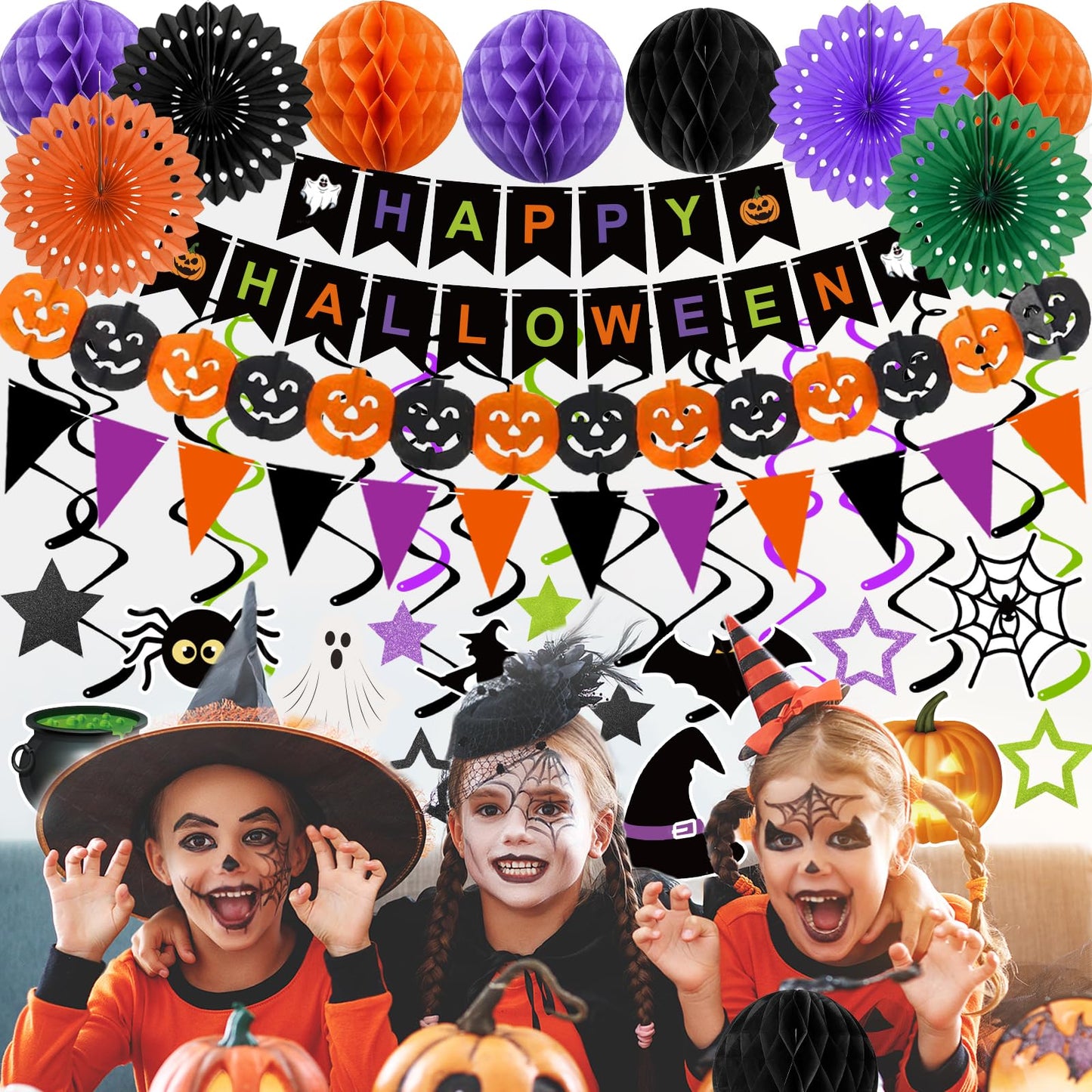 Halloween Party Decorations Happy Halloween Banner Honeycomb Balls Paper Fans Hanging Swirls Triangle Garland for Indoor Home Office Class School Party Supplies