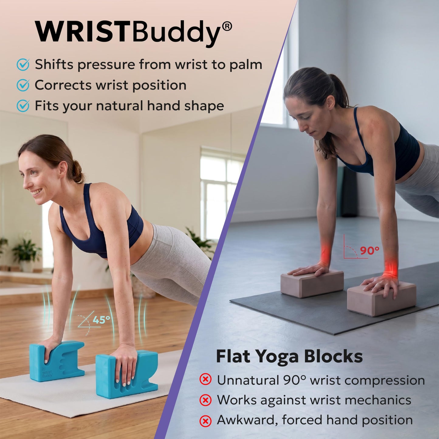 WRISTBuddy® Hand-Shaped Ergonomic Yoga Blocks for Optimal Wrist Support During Yoga, Pilates, Pushups, Planks, and Handstands - Patented Non Slip Blocks for Enhanced Stability and Comfort.