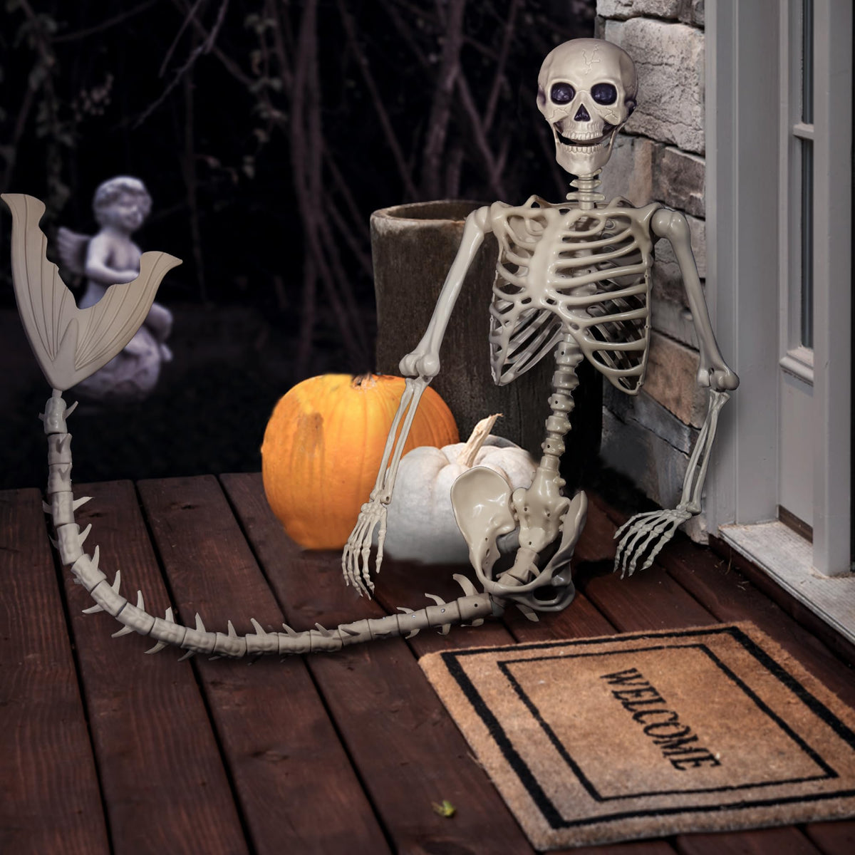 BEABOO 84Inches/7Ft Mermaid Halloween Life Size Skeleton Pose-N-Stay Posable Movable Joints Hanging for Halloween Decoration Decor Spooky Scene Party Favors