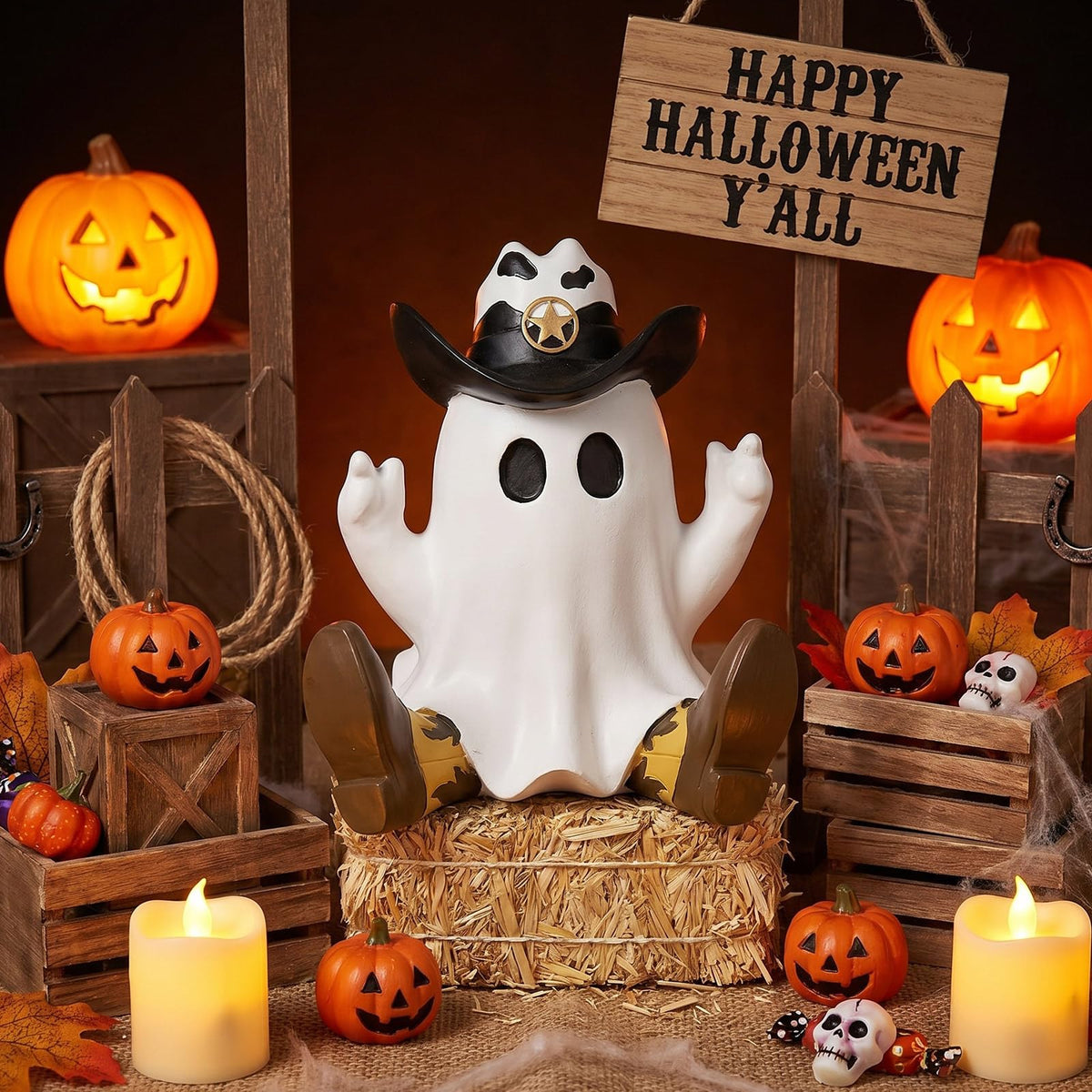 Threehoney Halloween Ghost Figurine Cowboy Spooky Resin Ghost Statue Decoration with Hat and Boots Cute Funny Western Cowboy Figurine for Table Shelf Indoor Decor(Sitting Posture)