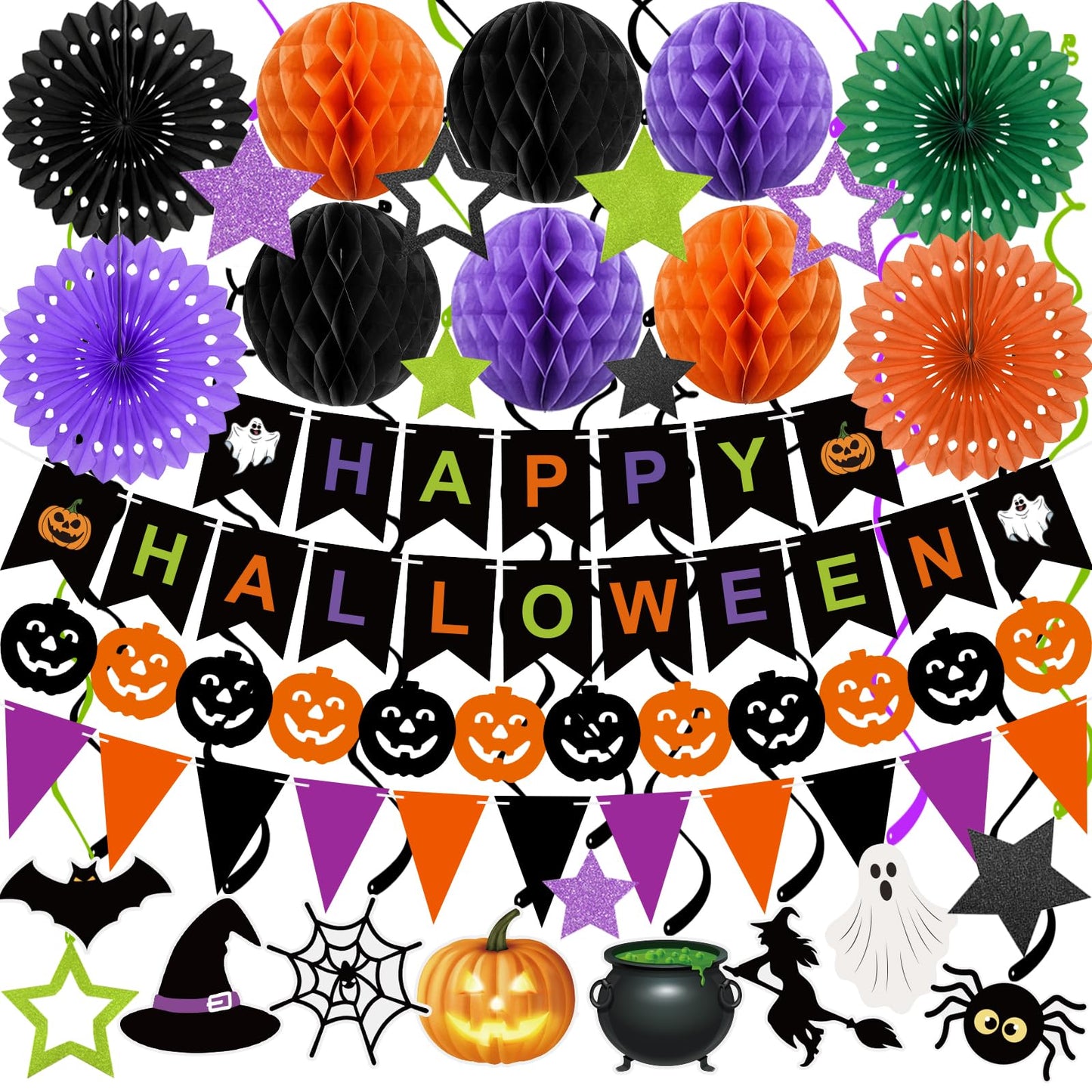 Halloween Party Decorations Happy Halloween Banner Honeycomb Balls Paper Fans Hanging Swirls Triangle Garland for Indoor Home Office Class School Party Supplies