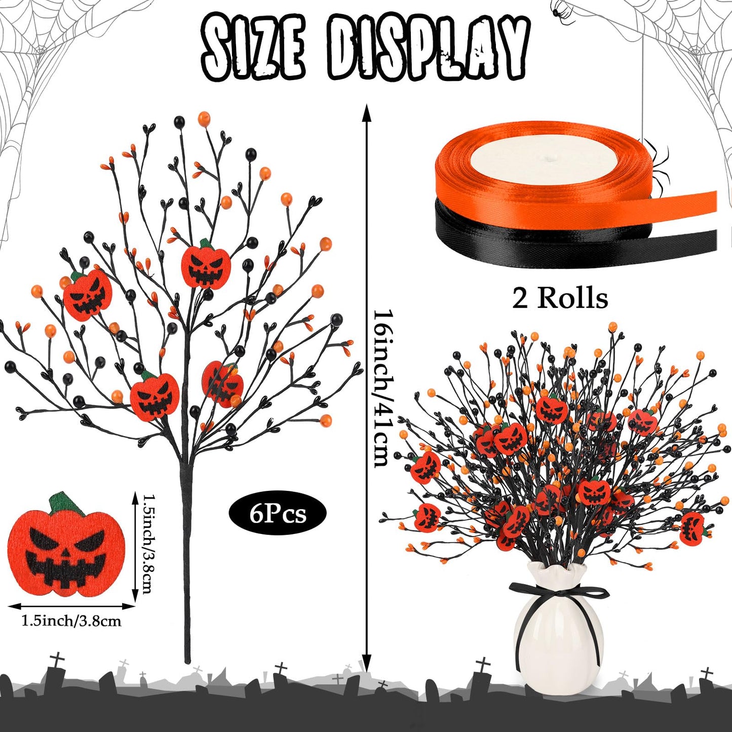 JUNEBRUSHS 6 Pcs Artificial Pumpkin Stems with Black Branches and 2 Roll Ribbons for Halloween Vase Bouquet Arrangement Wreath Table Centerpiece Home Party Decor