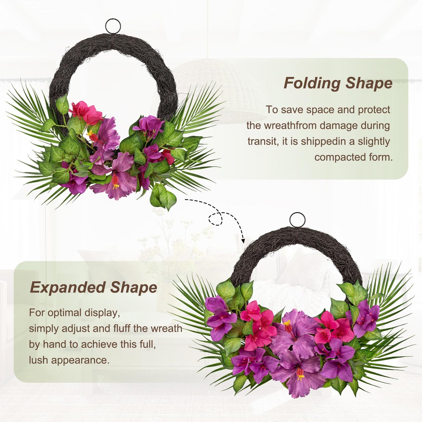 Briful Tropical Floral Wreath for Front Door, 19.6" Artificial Pink & Purple Hibiscus Flower Wreath with Palm Leaves, Summer Spring Wreaths for Wall Mantle Window Home Porch Decor