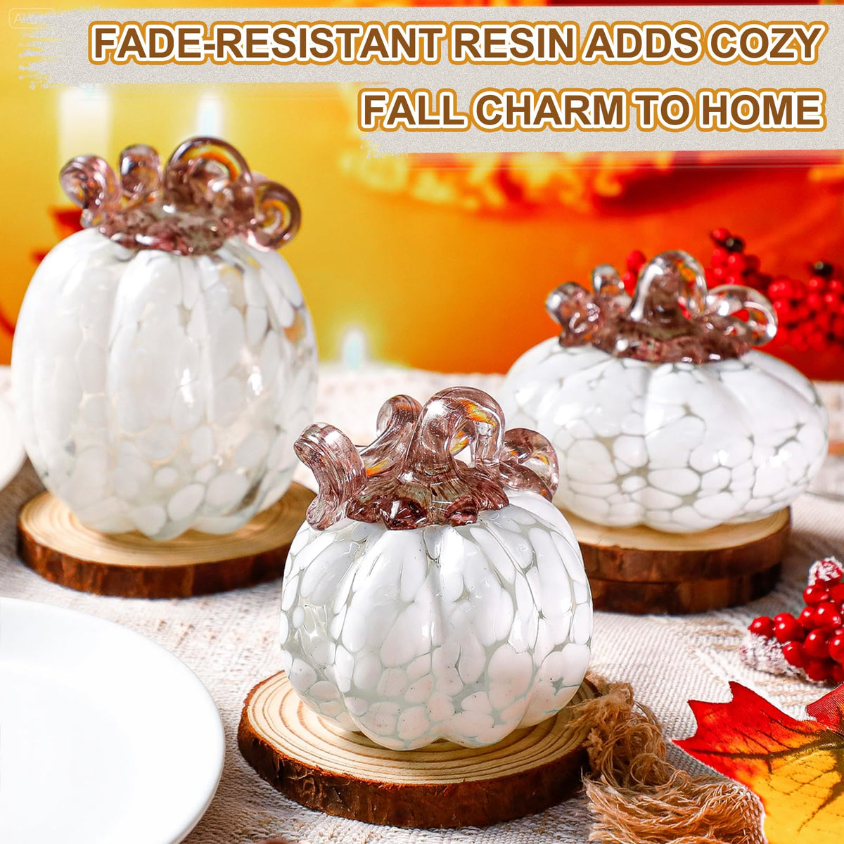 Geelin 3 Pcs Hand Blown Glass Pumpkin Figurine Autumn Crystal Glass Pumpkin Collectible Ornaments for Tabletop Thanksgiving Halloween Fall Harvest Decorations (White)