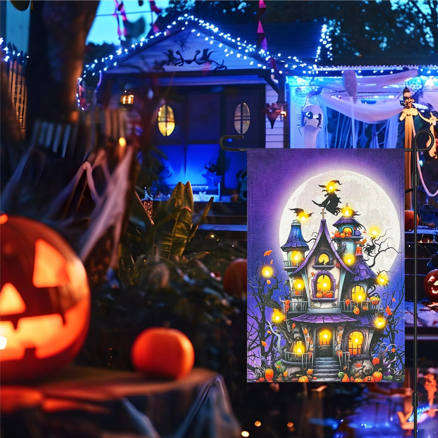 Vigor Home Solar Lighted Halloween Garden Flag Double Sided 12×18 Inch, 8 Modes Led Small Vertical Haunted House Pumpkin Witch Full Moon Yard Flags for Outside Front Porch Lawn Outdoor Decor