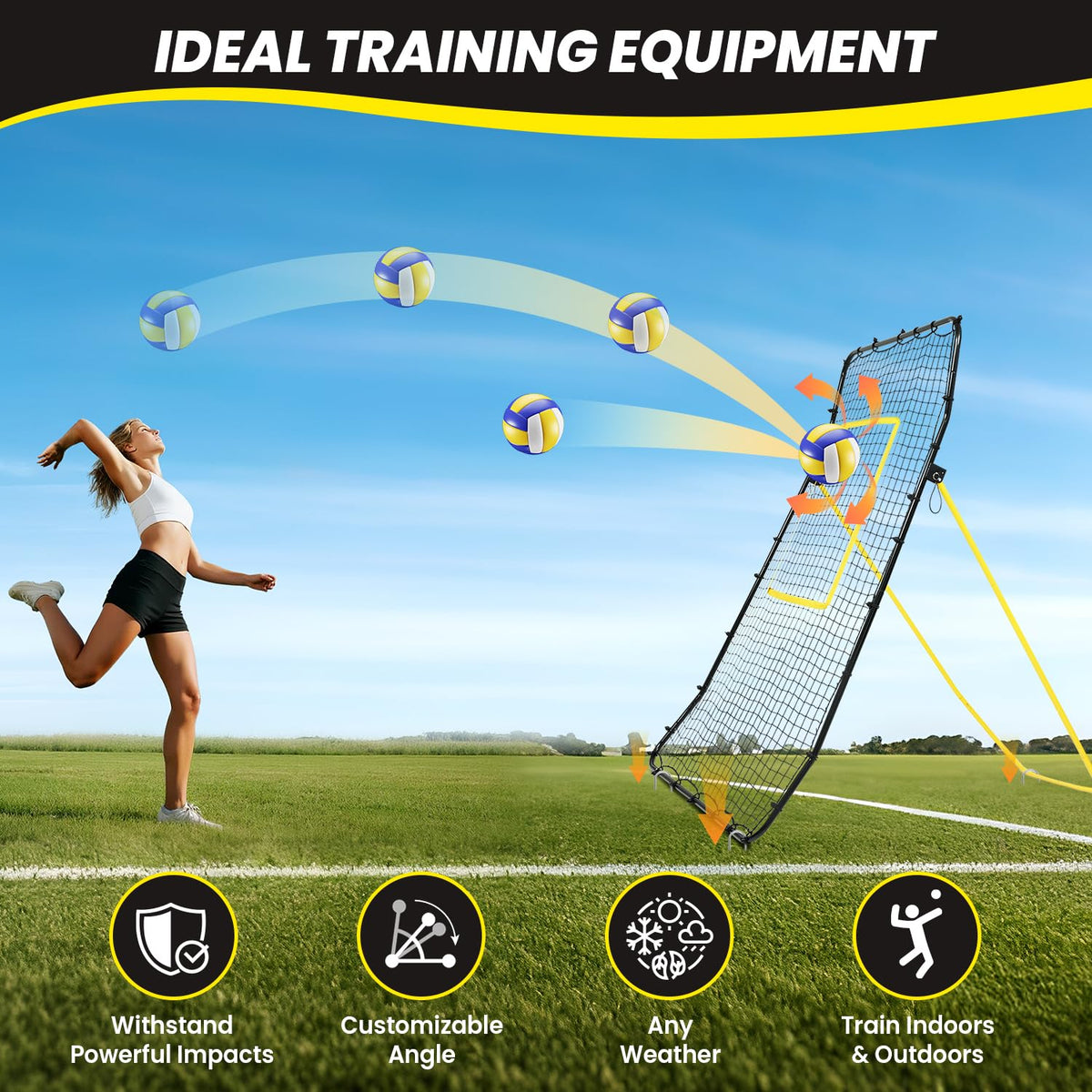 BAGAIL Volleyball Rebounder Net 7x4 Ft, Bounce Back Training Equipment with Unique Curved Frame for Better Catching, 5 Adjustable Angles for Volleying & Spiking, Easy Set Up & Sturdy Base - Yellow