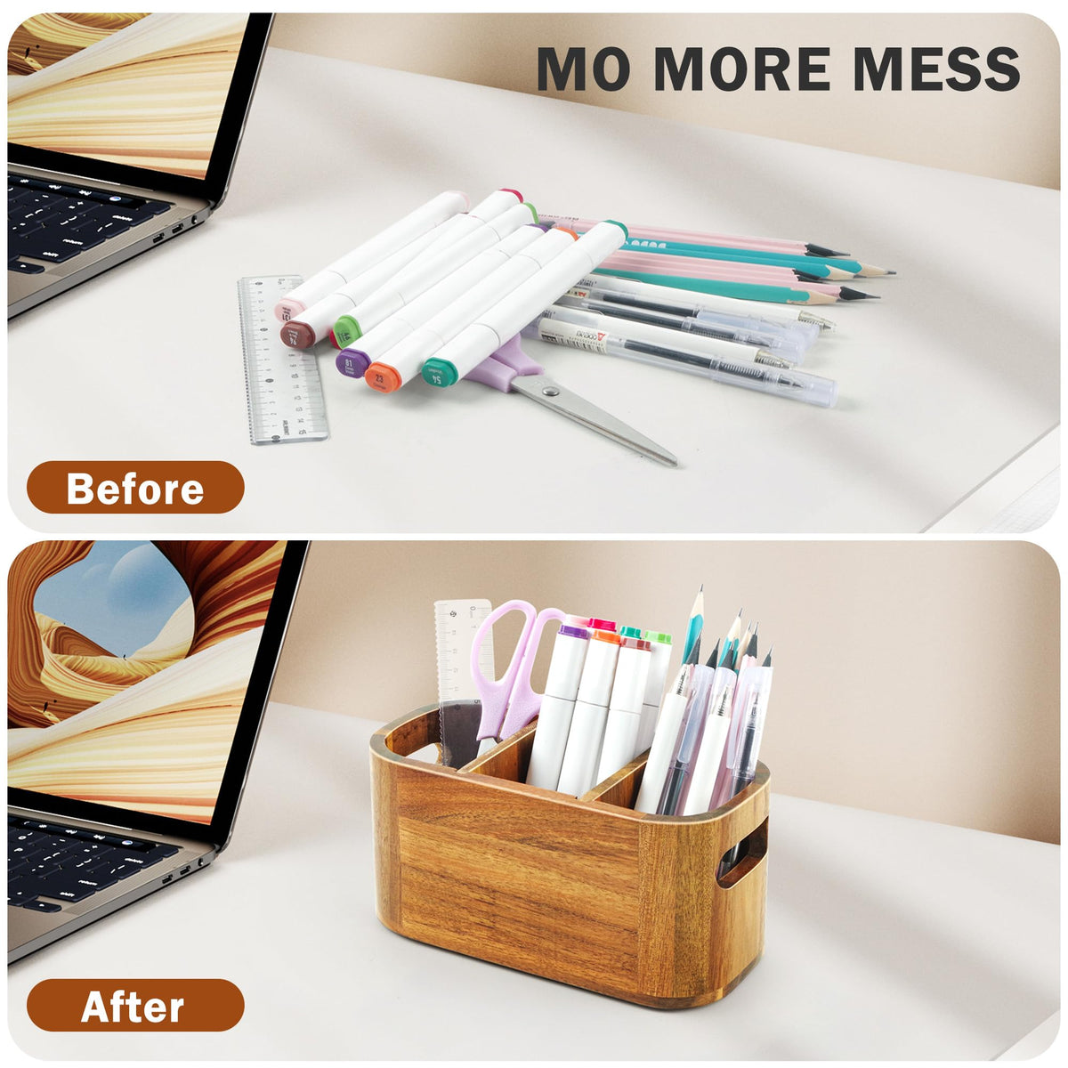 SWKHDKX Acacia Pencil Pen Holder for Desk, Wooden Office Organizer with 3 Slots for Countertop, Makeup Brush Holder Remote Control Organizer for School Home Supplies