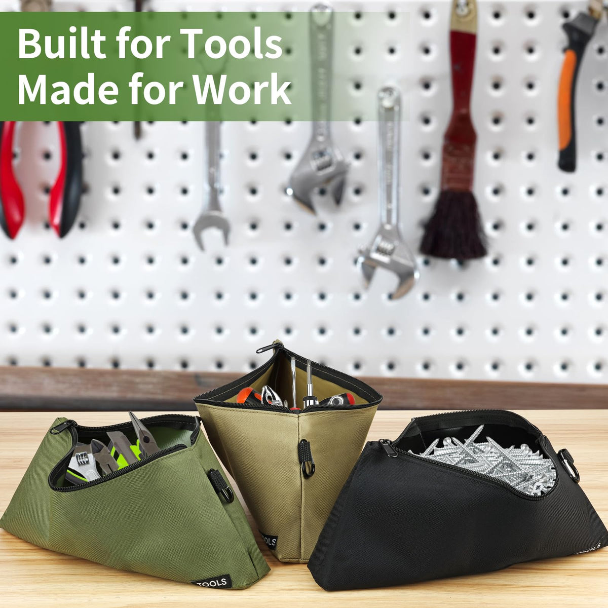 3 Pack Premium Tool Pouches Zipper Bag, 12 in Small Tools Bags with Carabiner, Heavy Duty Flat Bottom Utility Multipurpose Storage Organizer Bag for Tool, Stationary, Pencil (Tan, Navy Green, Black)