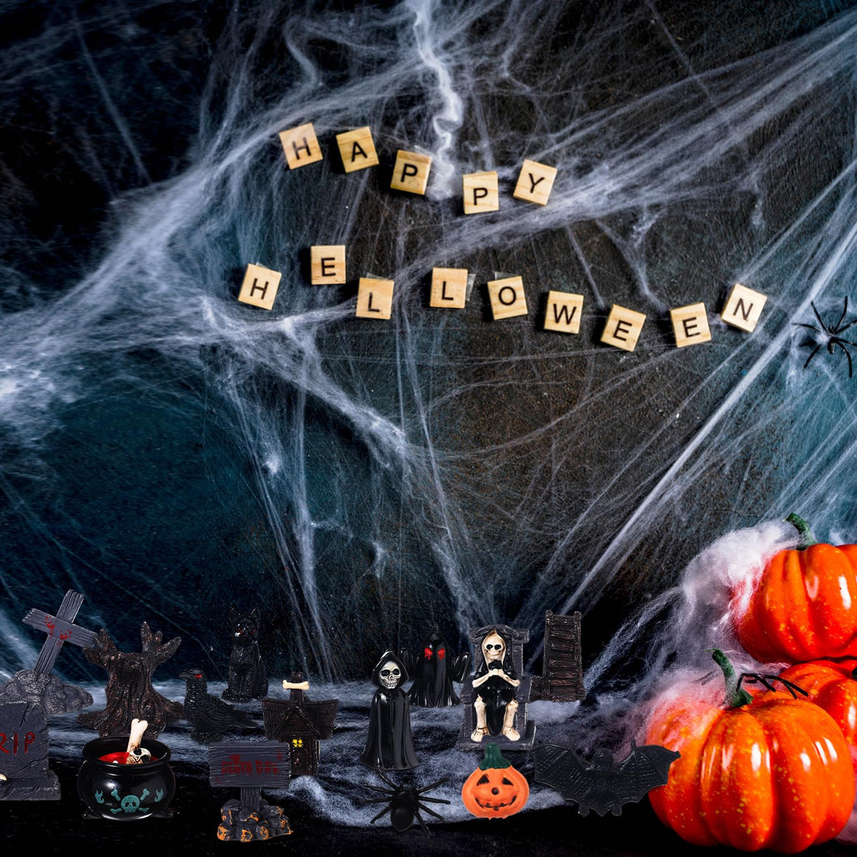 Sonwyoung 58 Pcs Halloween Mini Figurines Set, Plastic Mini Resin Halloween Miniature Landscape Ornaments Decorations for Dollhouse Accessories Garden Village Collections (Bat)