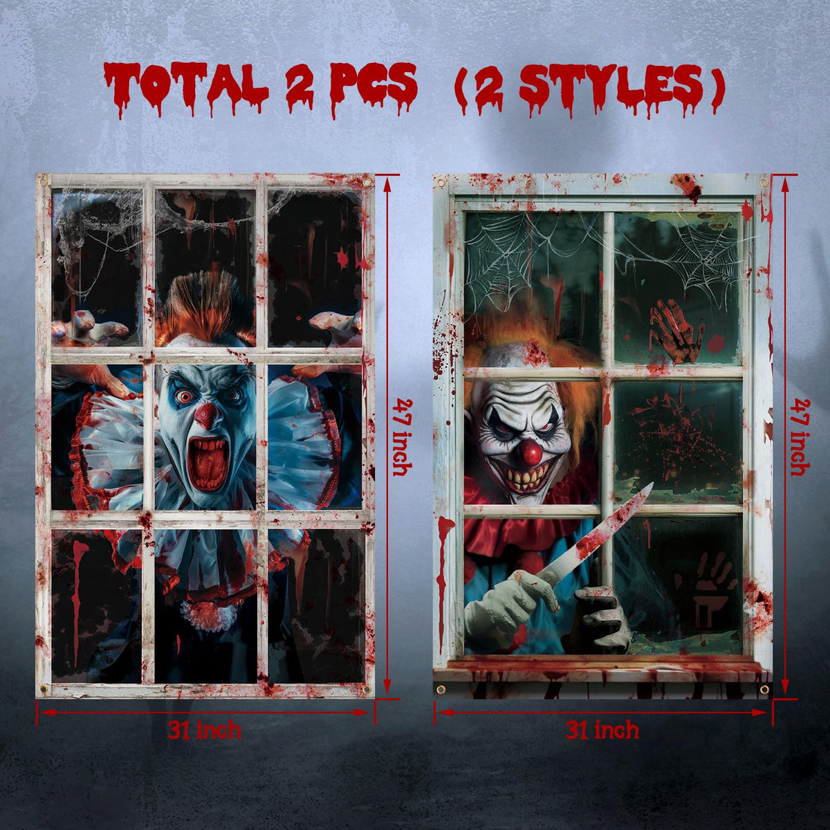 Newwiee 2 Pcs Scary Halloween Curtain Window Silhouette Cover Decoration Theme Poster for Indoor Outdoor Party Wall Door(Clown)