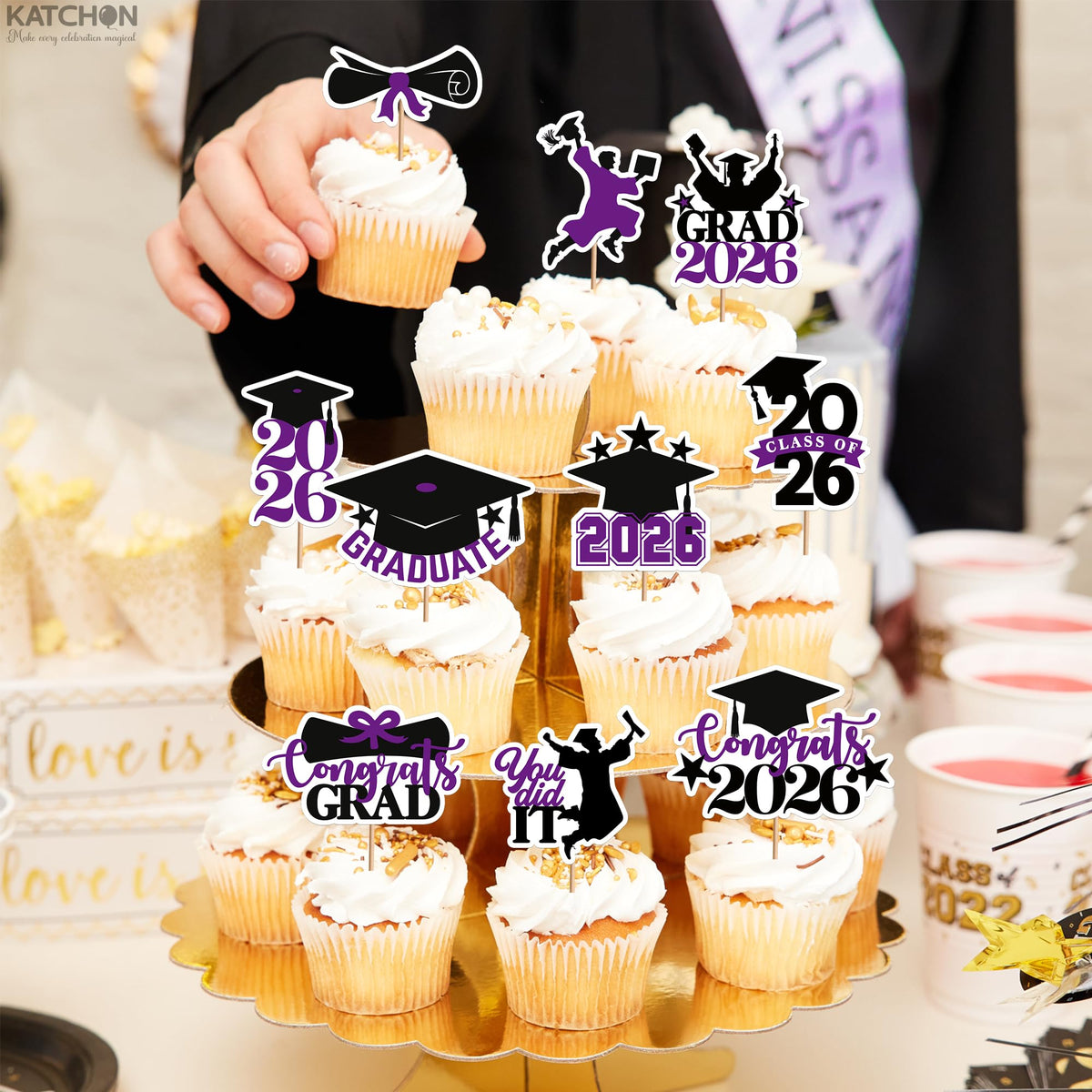 Graduation Decorations 2026 | Purple and Black Graduation Cake Topper 2026 - Pack of 36 | Graduation Cupcake Toppers 2026 for Graduation Decorations 2026, Dessert Toppers Grad, KatchOn